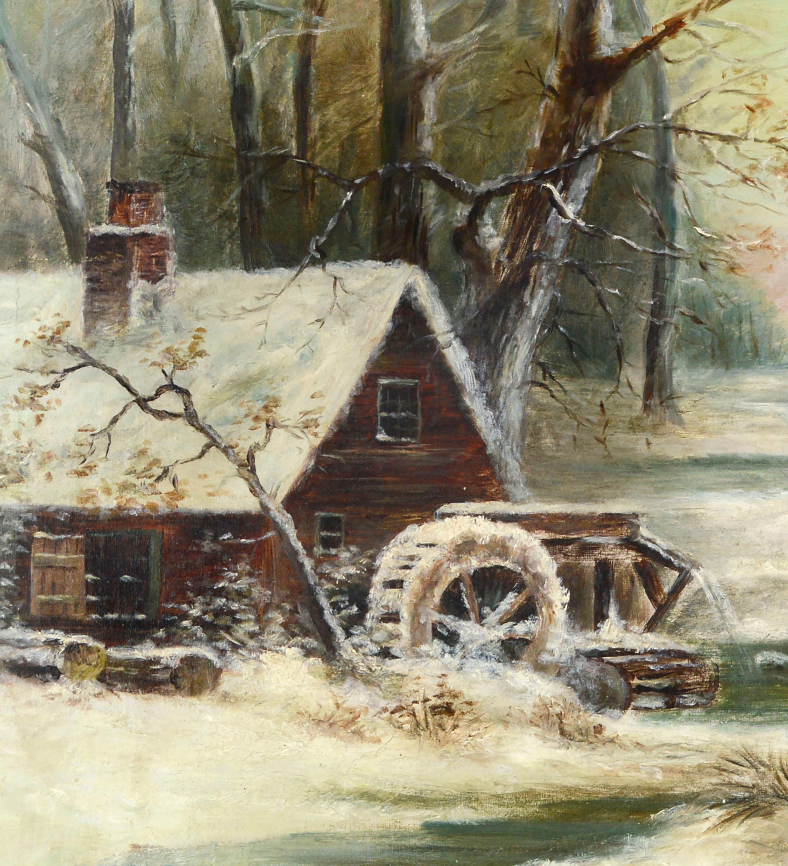 Mulino a Grist nella neve - Paesaggio americano invernale dei primi del Novecento - Painting Impressionismo americano di Unknown