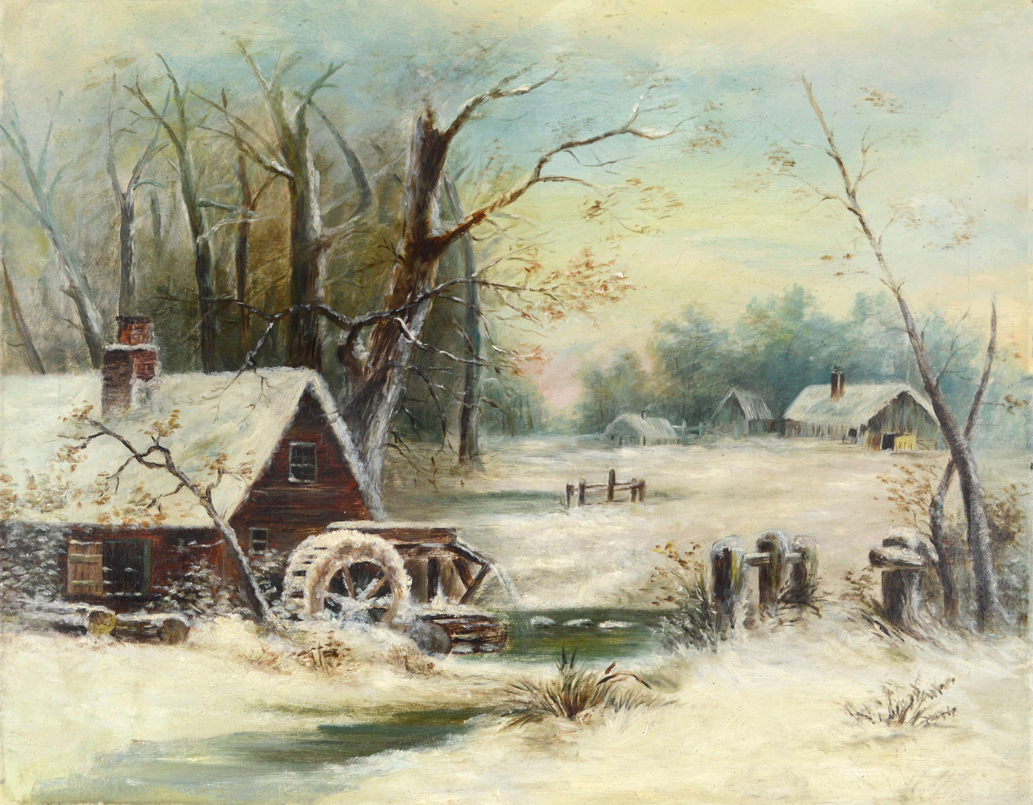 Unknown Landscape Painting - Grist Mill In the Snow - Early 20th Century Winter American Landscape 