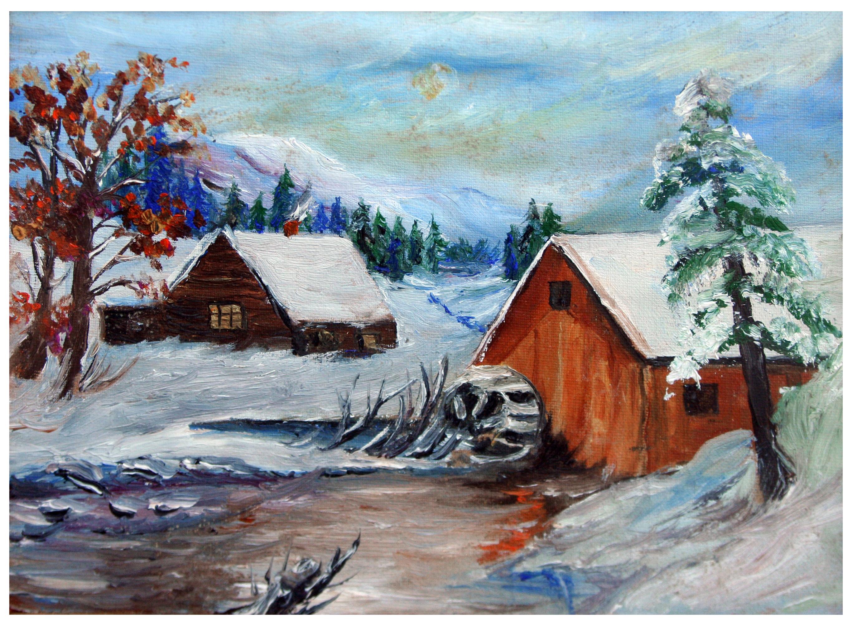 Grist Mill in the Snow - Winter Landscape - Painting by Unknown