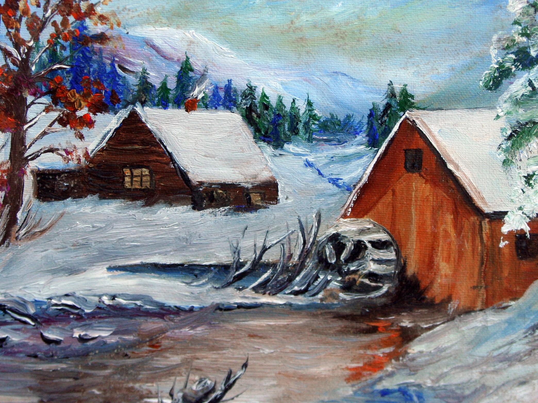 Grist Mill in the Snow - Winter Landscape - American Impressionist Painting by Unknown