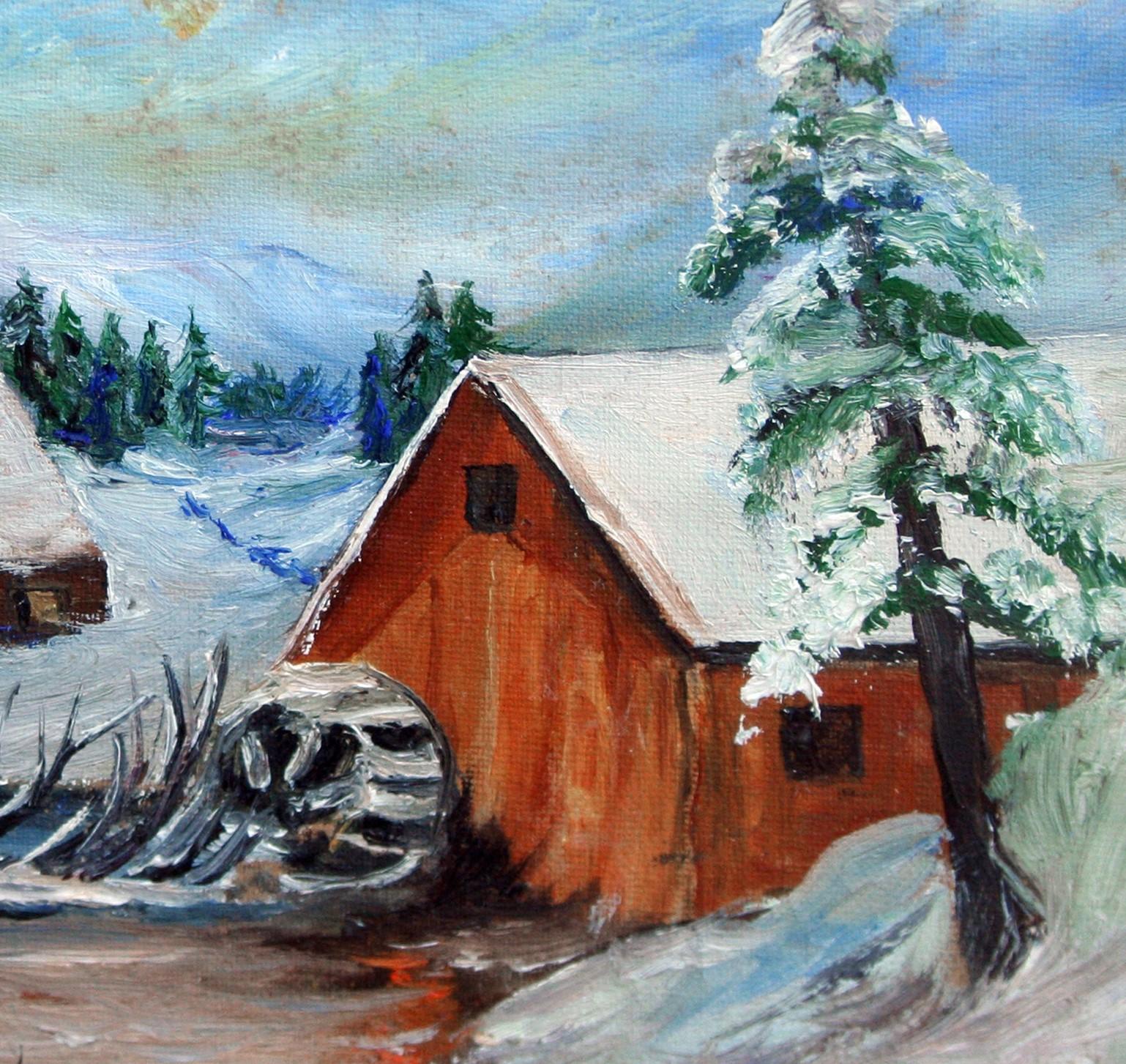 Grist Mill in the Snow - Winter Landscape - Gray Landscape Painting by Unknown
