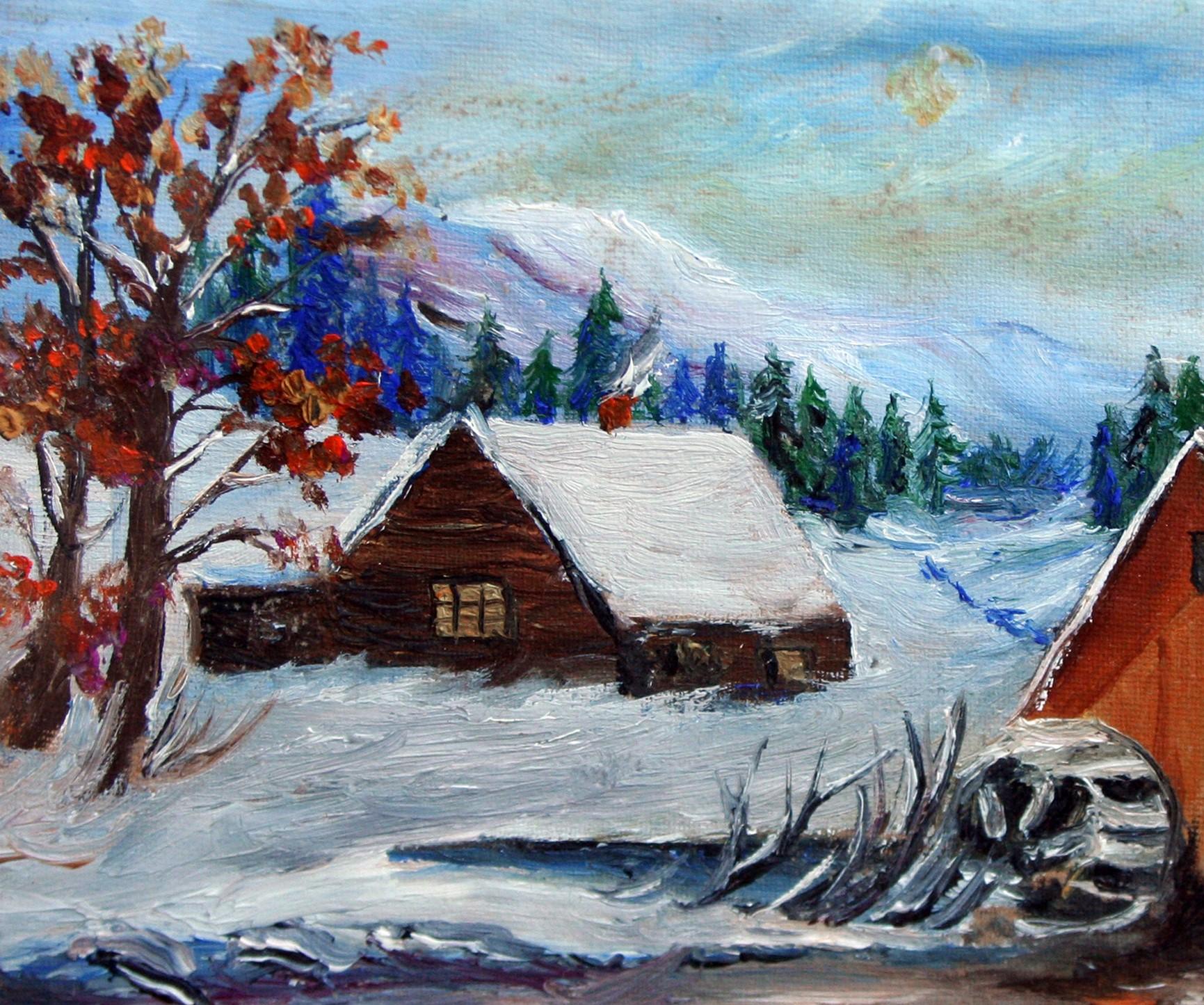 Scenic winter landscape of a grist mill and barn in a snowy mountain setting signed 