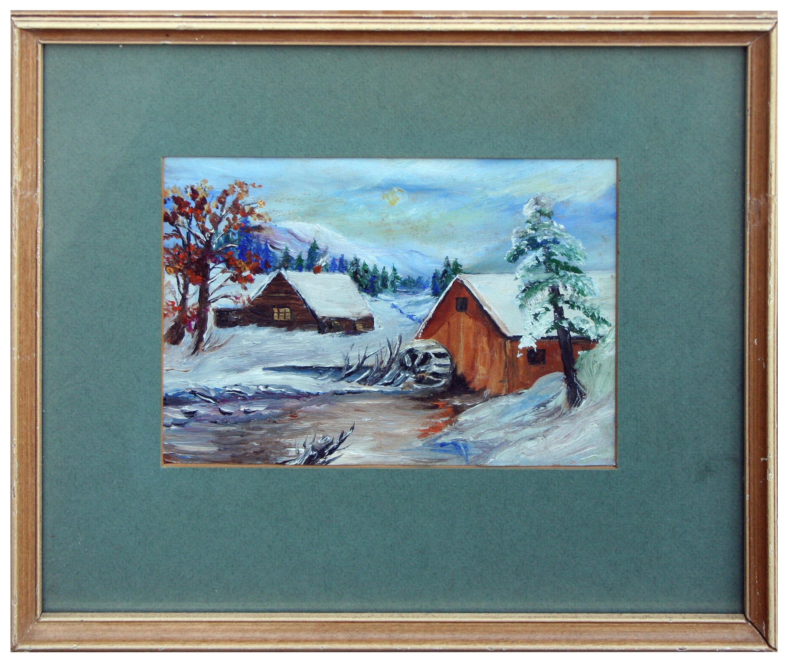 Unknown Landscape Painting - Grist Mill in the Snow - Winter Landscape