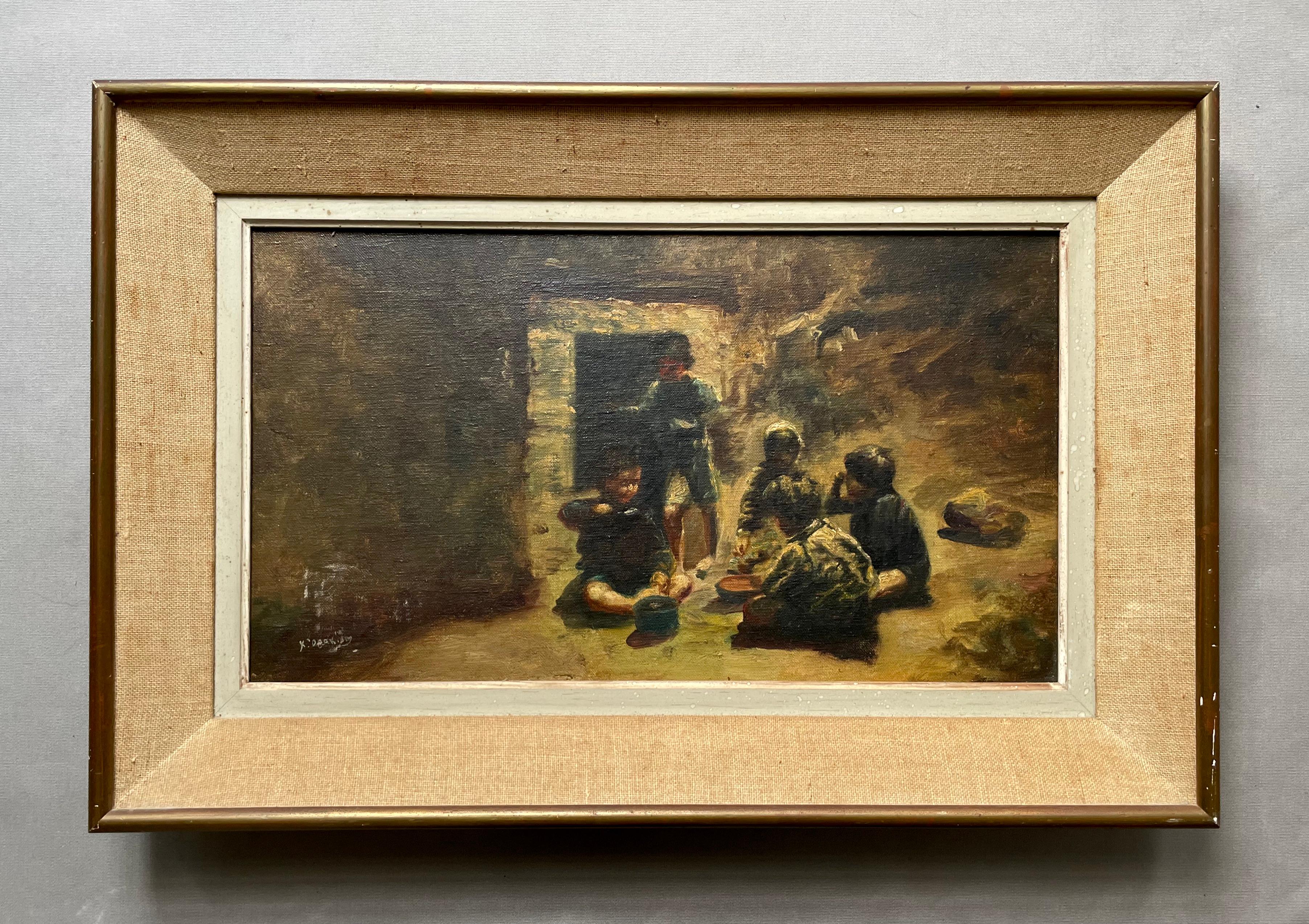 Groupe d'enfants de l'Eastern School ? Huile sur toile, signature à identifier - Painting de Unknown