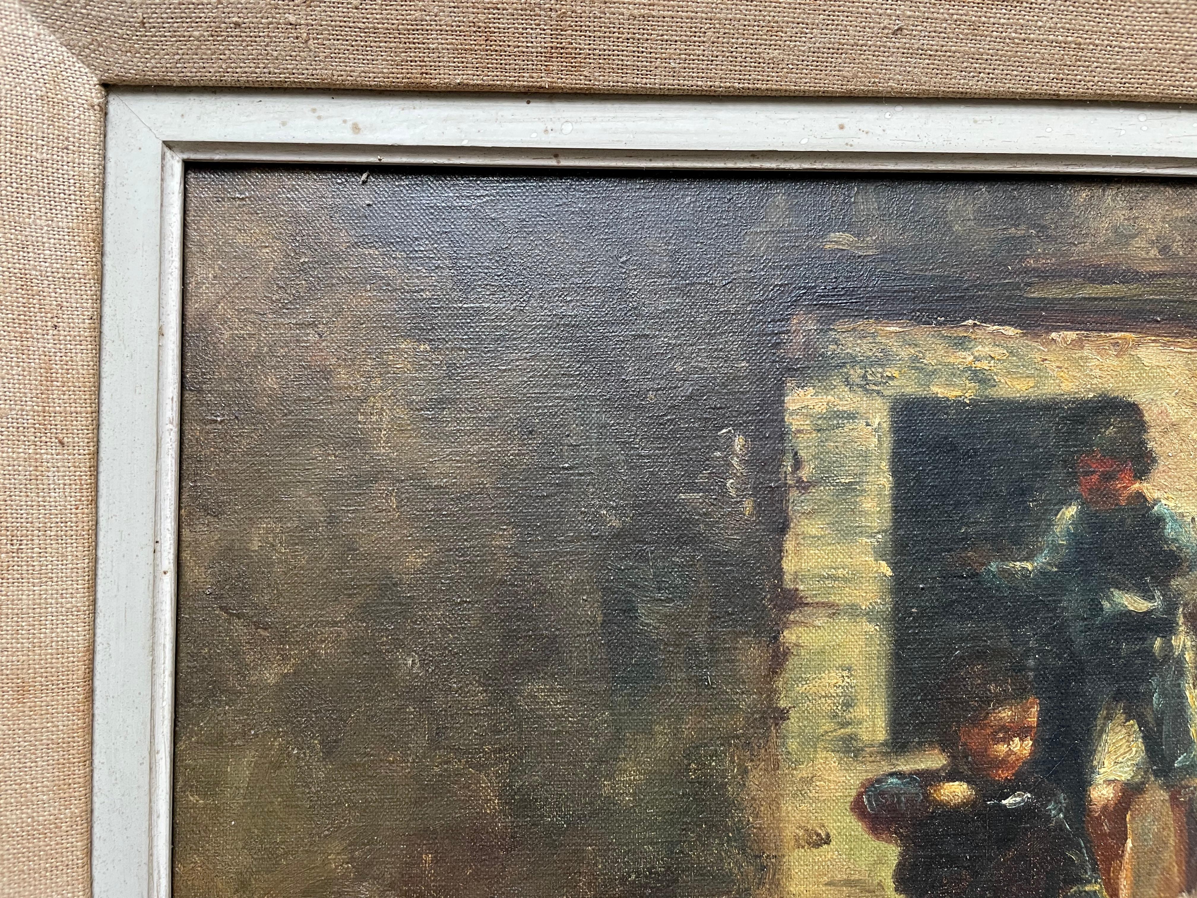 Groupe d'enfants de l'Eastern School ? Huile sur toile, signature à identifier - Gris Figurative Painting par Unknown