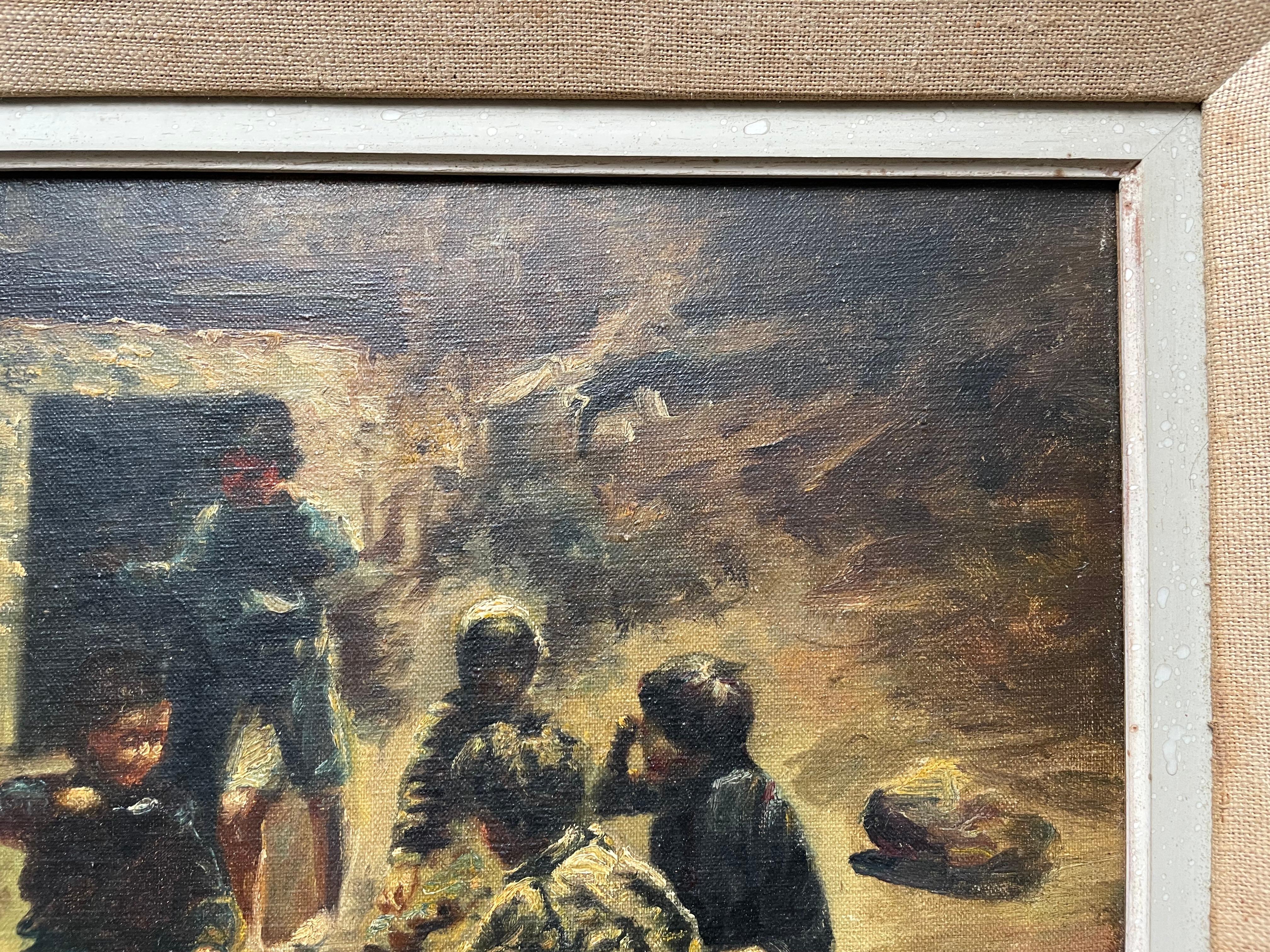 Groupe d'enfants.  
Huile sur toile, école orientale ?  
Signature à identifier.  
Châssis : 28 x 49 cm  
Cadre : 42 x 63 cm