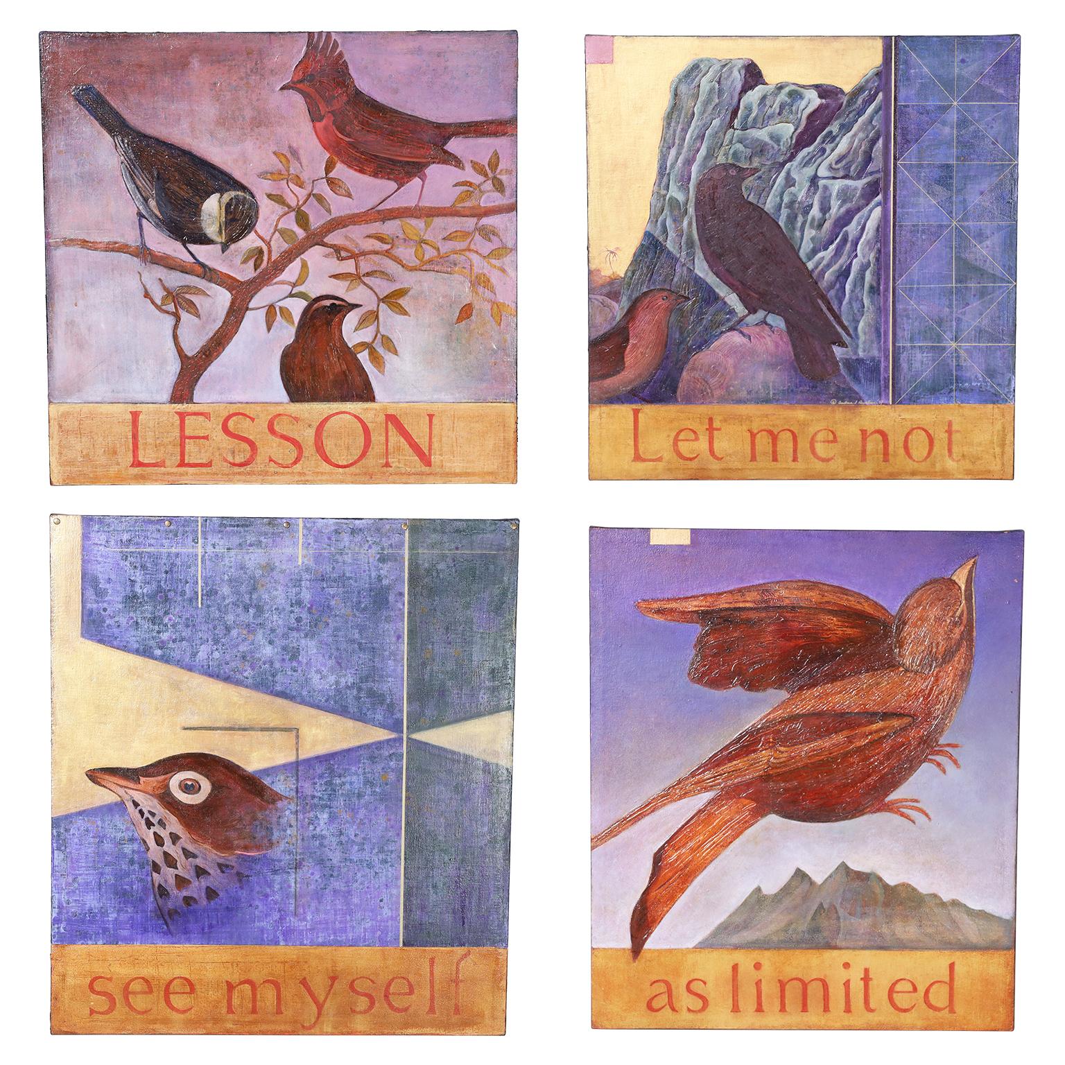 Lofty set of four modernist gouache and acrylic paintings on canvas of birds in a variety of situations as messengers of personal opportunities. Signed by noted Savannah artist Andrea Rountree.

"Lesson" measures H: 26 W: 27 D: 2.5

"Let me not"
