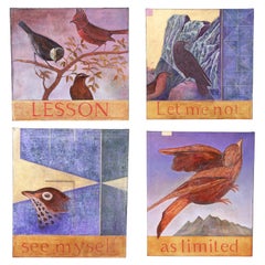 Groupe de quatre peintures en techniques mixtes représentant des oiseaux avec un lesson