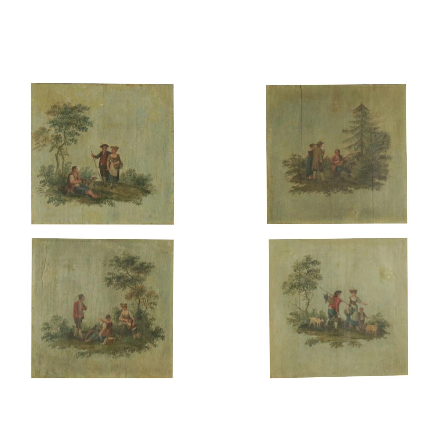 Unknown Figurative Painting - Group Of Four Painted Panels Late '800, Pastoral Scenes