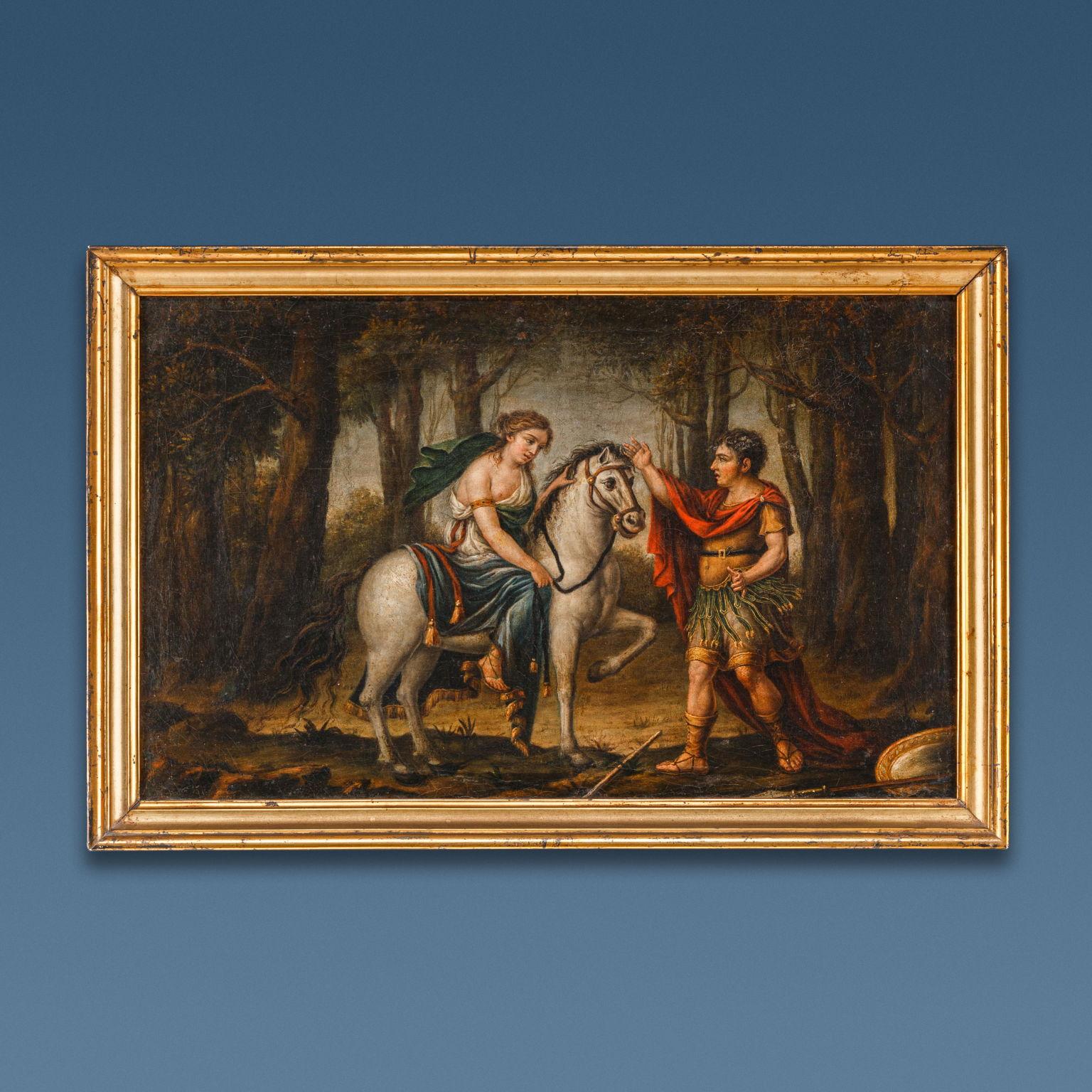 Oil painting on canvas. Lombard area of the late 18th century. The four canvases show scenes from Orlando Furioso, the famous epic poem written by Ludovico Ariosto and published for the first time in 1516. On the frame, on the back, there are