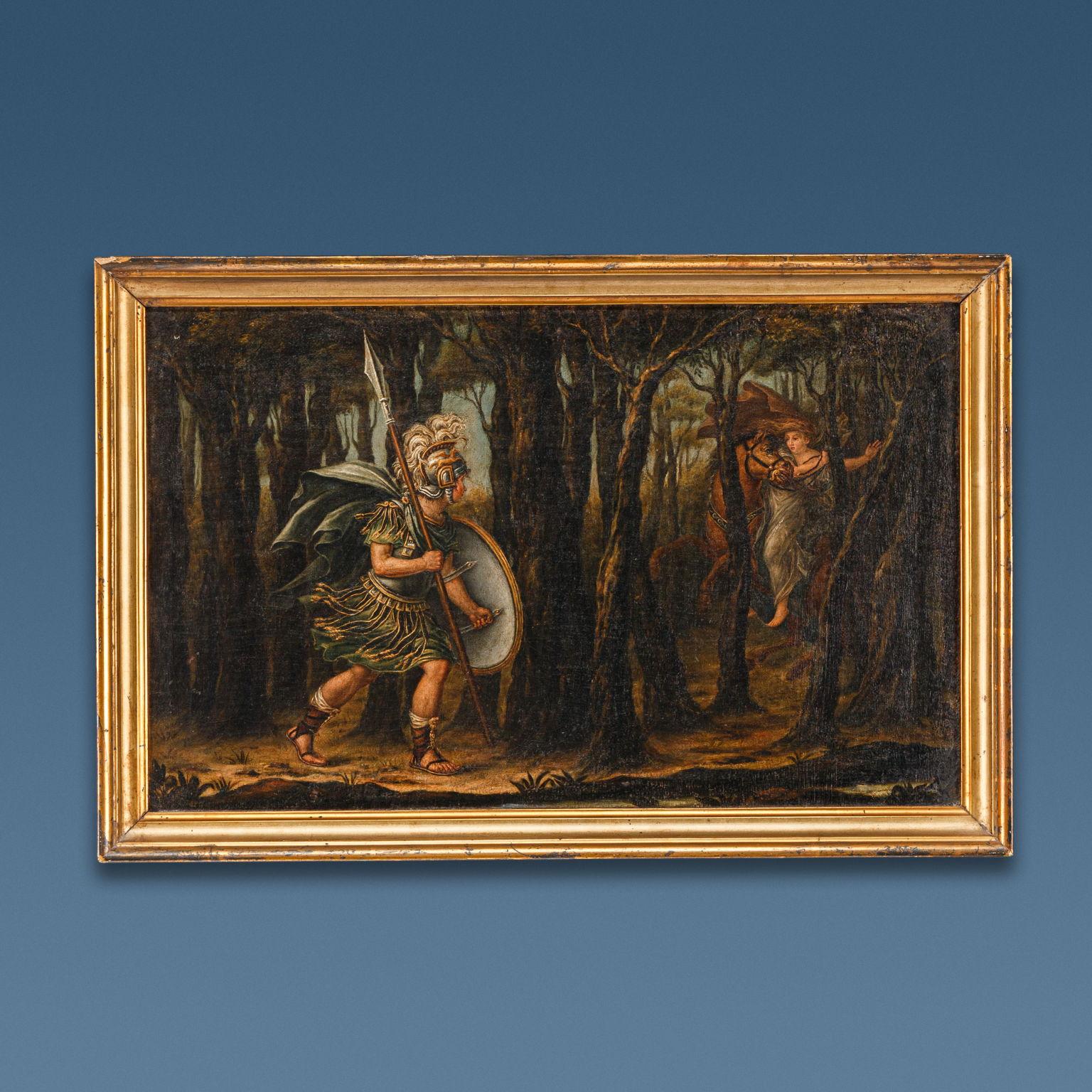 Ölgemälde auf Leinwand. Lombardische Gegend des späten 18. Jahrhunderts. Die vier Gemälde zeigen Szenen aus Orlando Furioso, dem berühmten epischen Gedicht von Ludovico Ariosto, das 1516 zum ersten Mal veröffentlicht wurde. Auf der Rückseite des