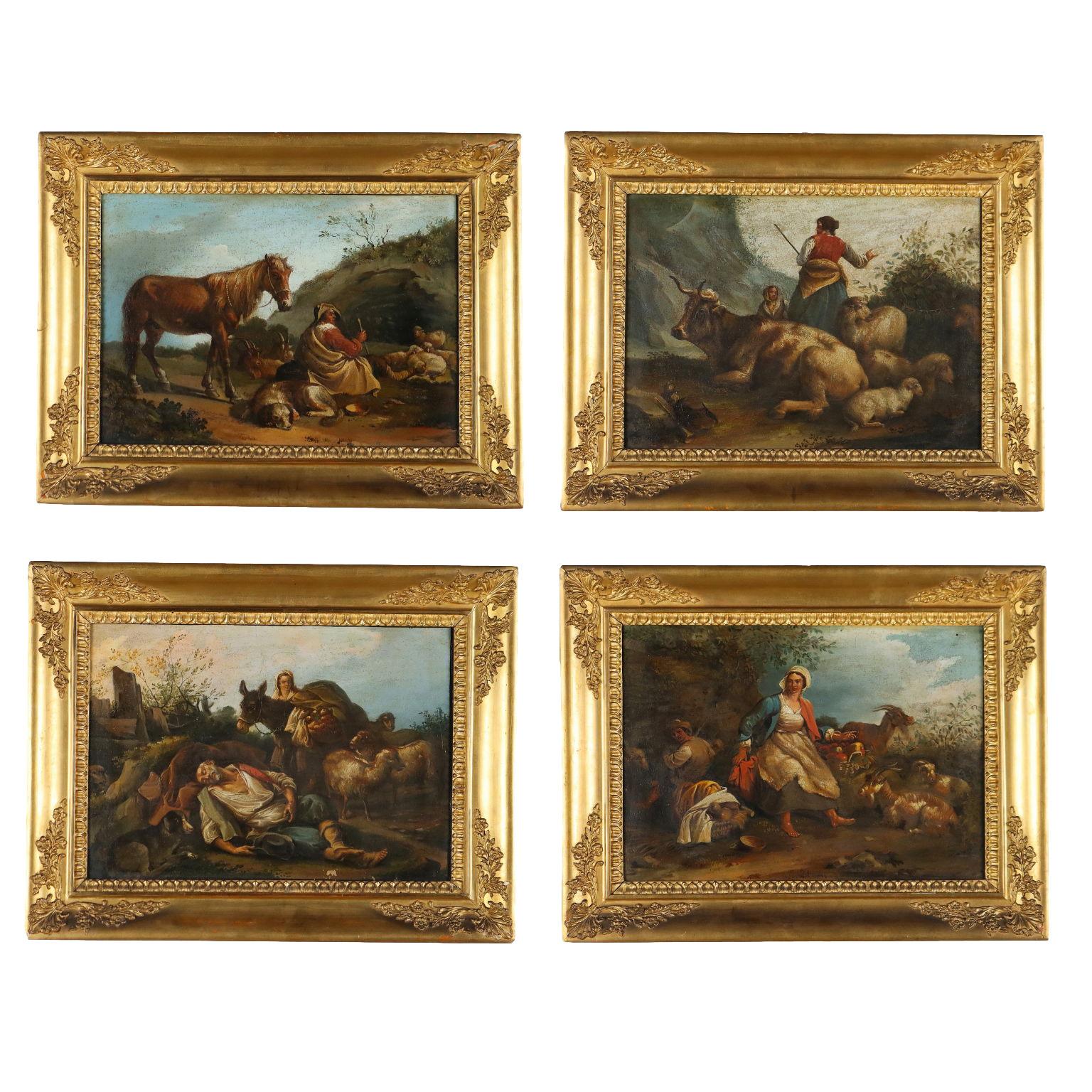Unknown Figurative Painting - Gruppo di quattro Dipinti con Scene Pastorali, XIX sec