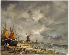 Gudrun Sibbons (1925-2020) - Dutch School Oil, Coastal Scene with Fisherfolk
