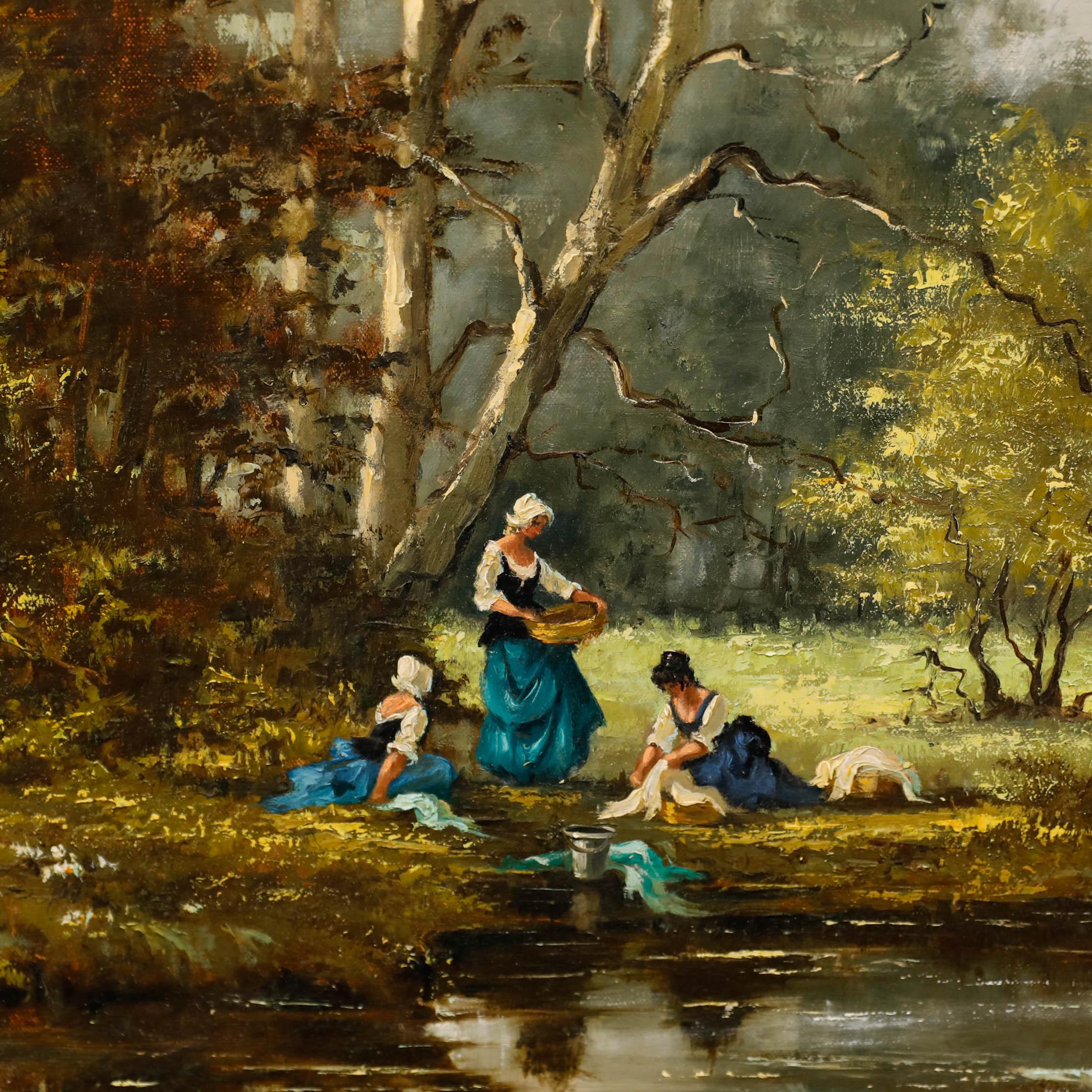 Signed to the lower right. Presented in a swept gilt frame with pierced foliate details. On canvas.