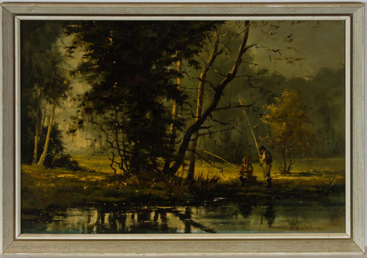 Unknown Landscape Painting - Gudrun Sibbons (b.1925) - Fine Mid 20th Century Oil, Lakeside Fishermen