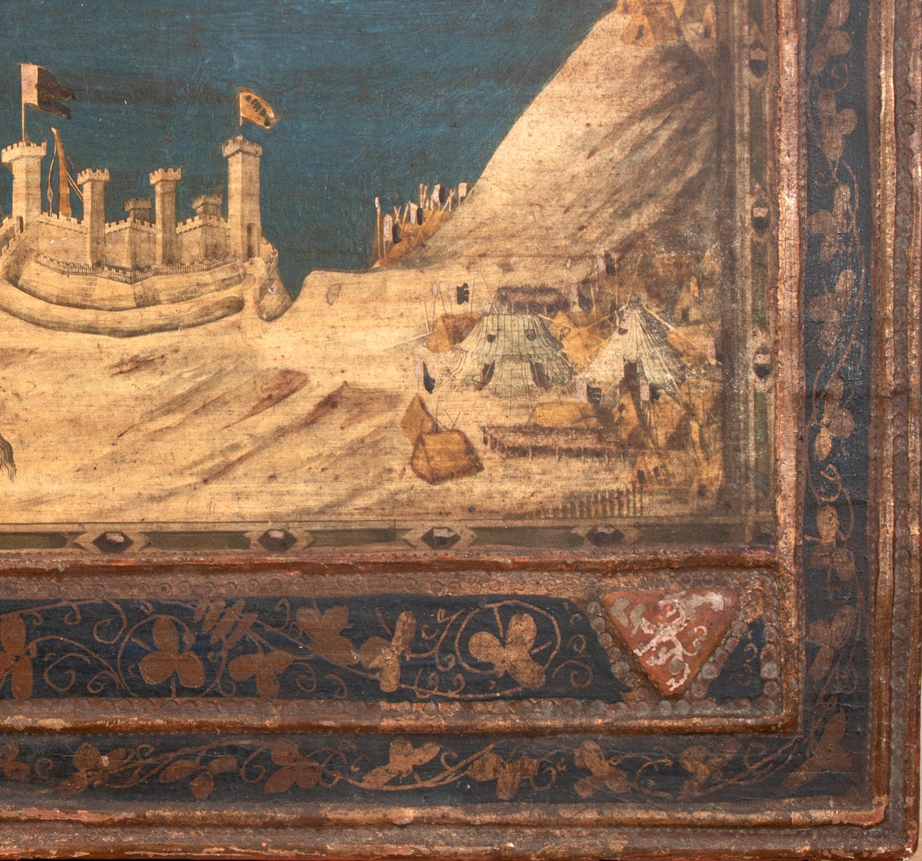 Guidoriccio da Fogliano at the Siege of Montemassi 1330

Italian School

Antique oil on panel of Guidoriccio da Fogliano at the Siege of Montemassi 1330. The scene depicts Fogliano, commander of the Sienese army patrolling the walls of Montemassi.