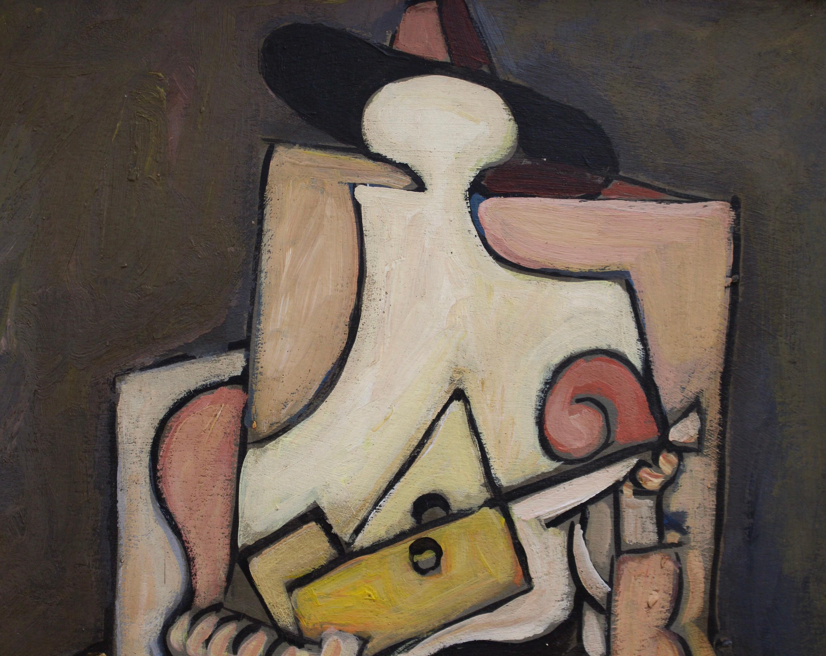 'Guitarist in Wide-Brimmed Hat', oil on board, Berlin School (circa 1960s - 1970s). Clearly inspired by Georges Braque's (1882-1963) and Juan Gris' (1887- 1927) works, this painting is similar to experimental representations by both Braque as well