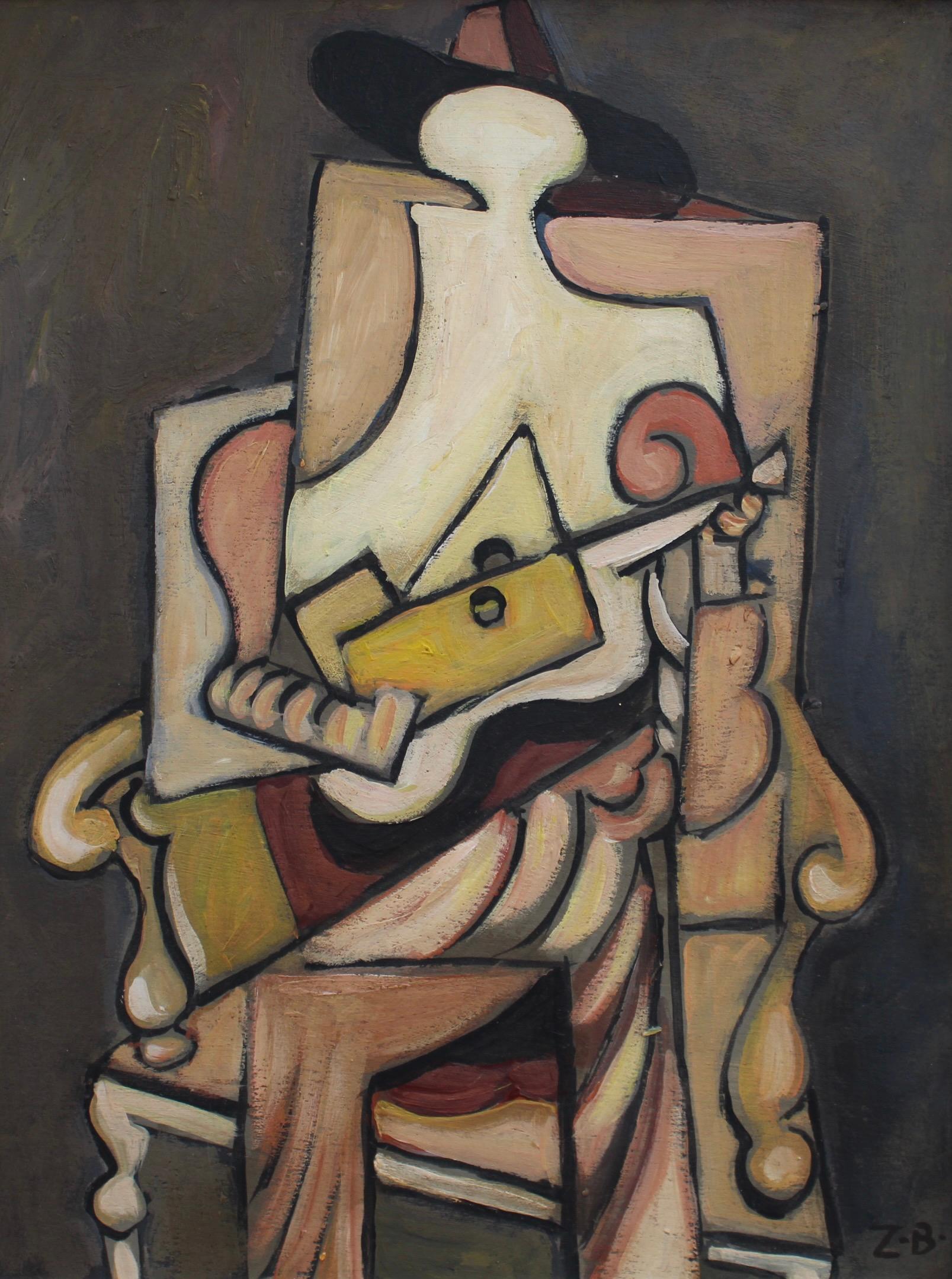 Unknown Portrait Painting - 'Guitarist in Wide-Brimmed Hat', Berlin School 