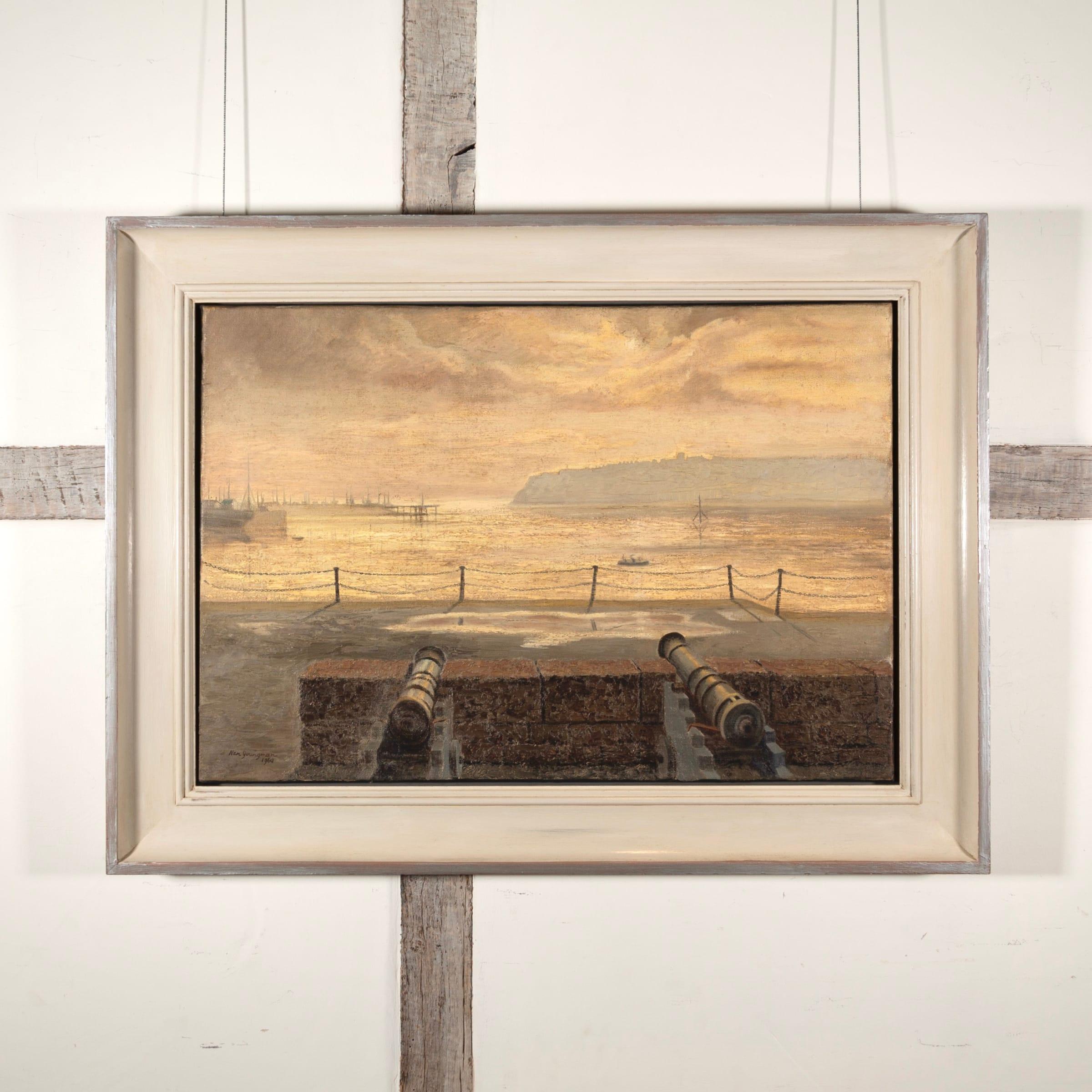Guns on Cardiff Dock, Öl auf Leinwand von Nan Youngman, 1960 
 
Zusätzliche Informationen:
Medium: Öl auf Leinwand
45.7 x 66 cm
18 x 26 Zoll
Unterzeichnet und datiert
 
Nan Youngman war eine in Maidstone Kent geborene Künstlerin und Pädagogin, die
