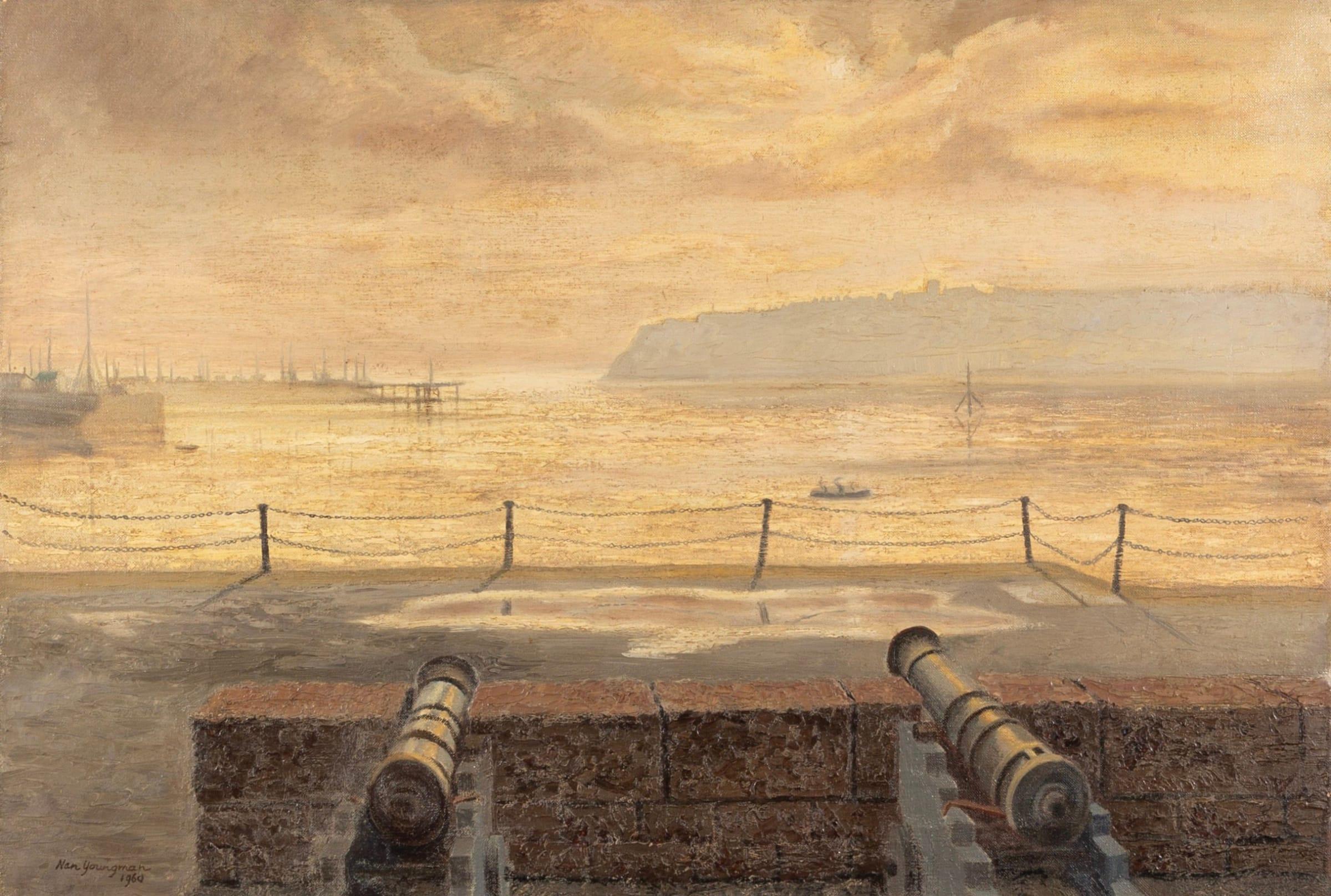 Guns on Cardiff Dock, Öl auf Leinwand von Nan Youngman, 1960 – Painting von Unknown
