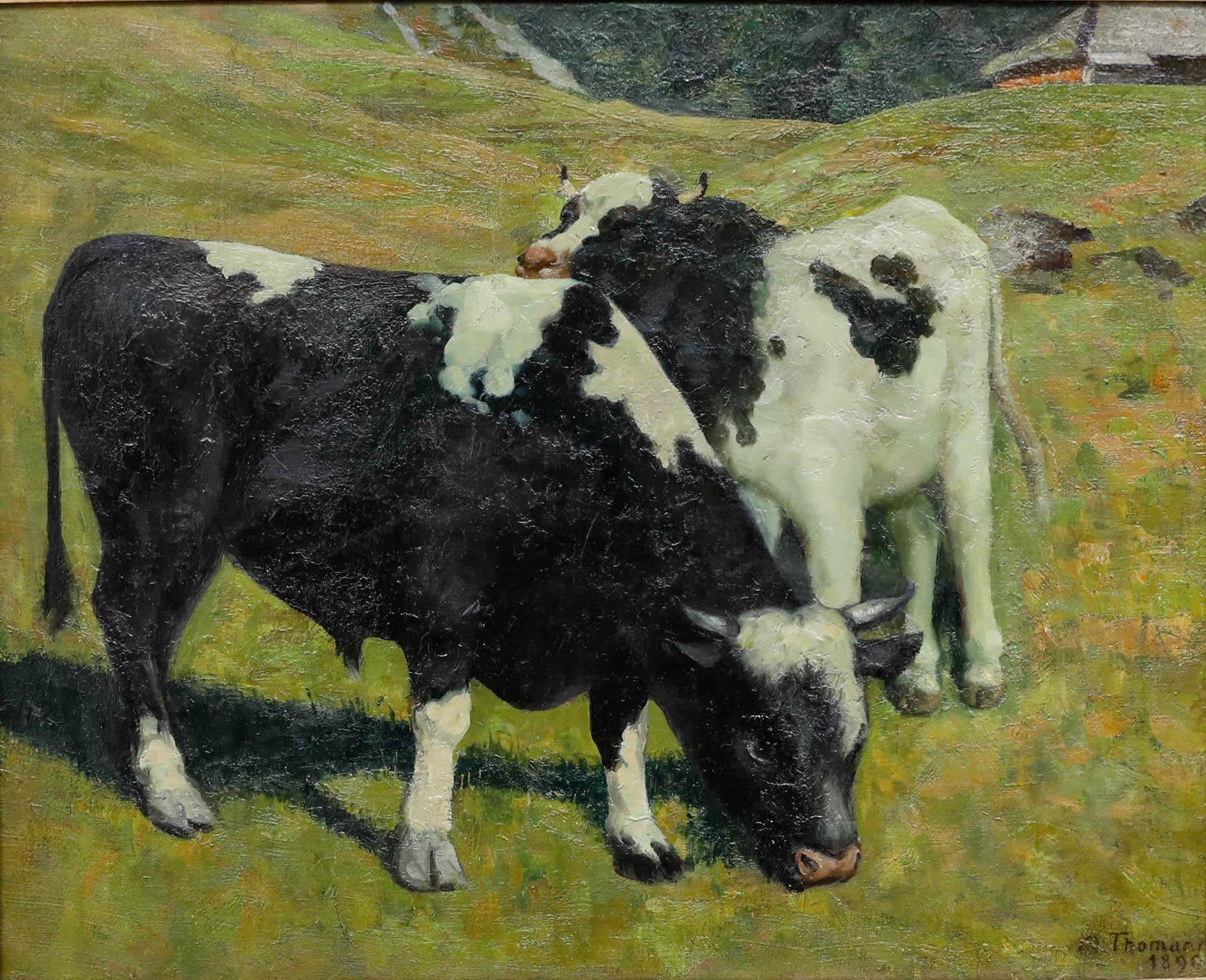 Gustav Adolf Thomann (1874-1961) - Olio incorniciato, Bestiame in un prato alpino - Painting di Unknown