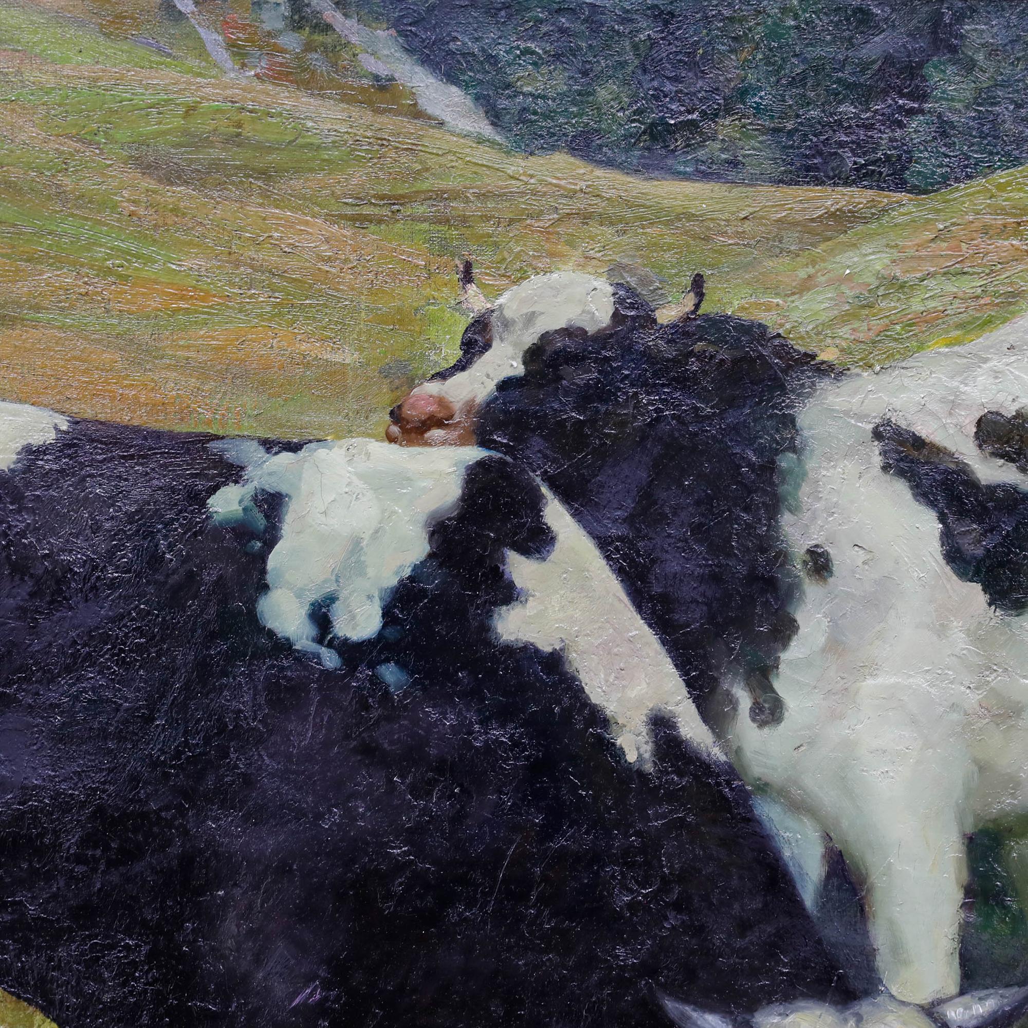 Gustav Adolf Thomann (1874-1961) - Olio incorniciato, Bestiame in un prato alpino in vendita 1