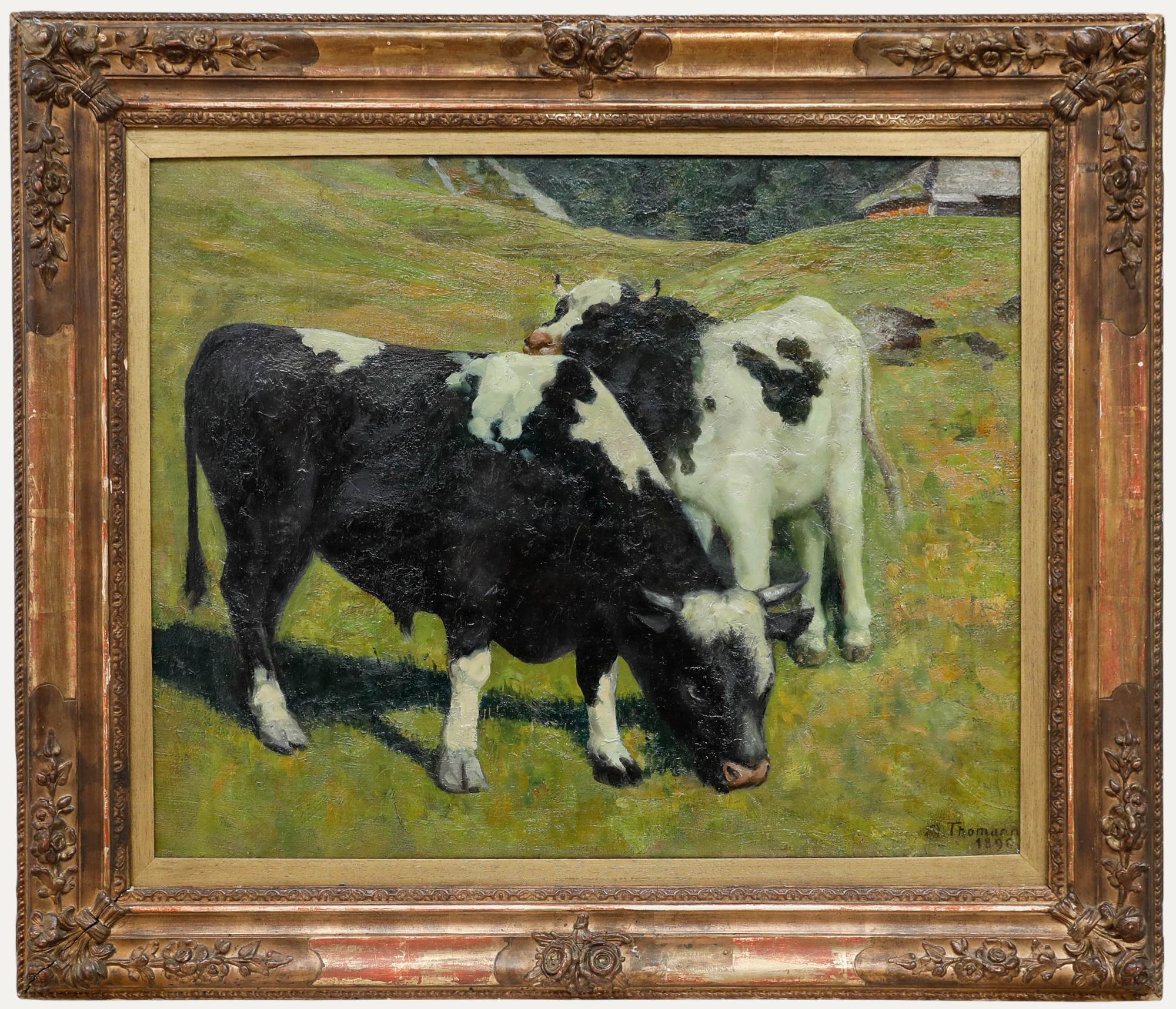 Animal Painting di Unknown - Gustav Adolf Thomann (1874-1961) - Olio incorniciato, Bestiame in un prato alpino