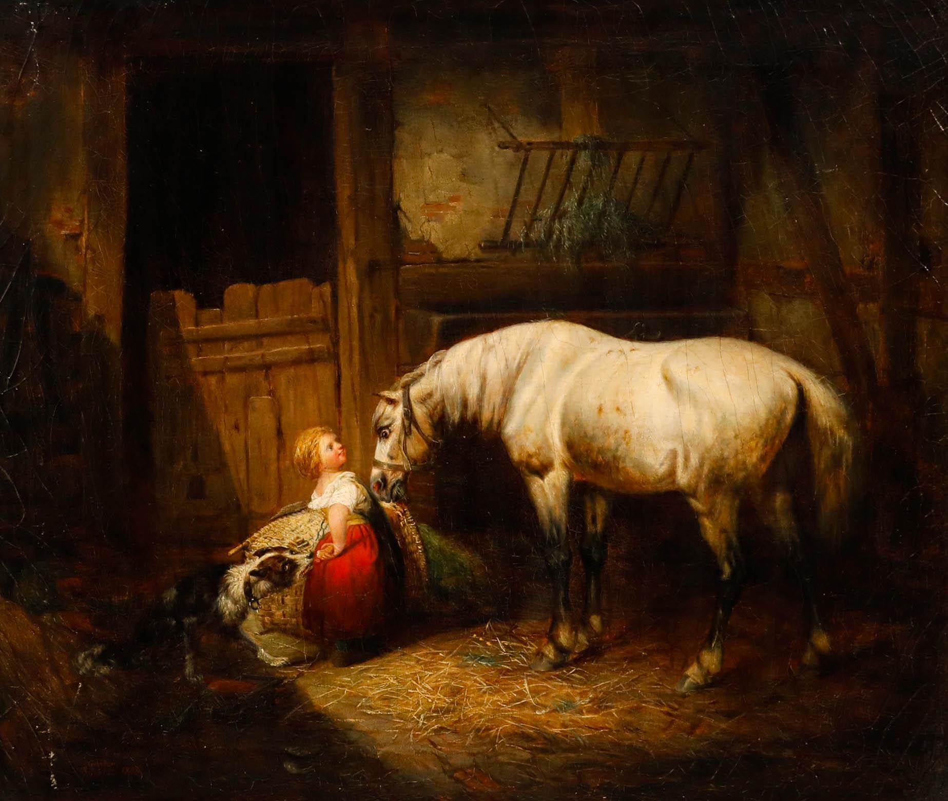 Gustav Schmidt - German Mid 19th Century Oil, Idyll in the Stable - Painting by Unknown