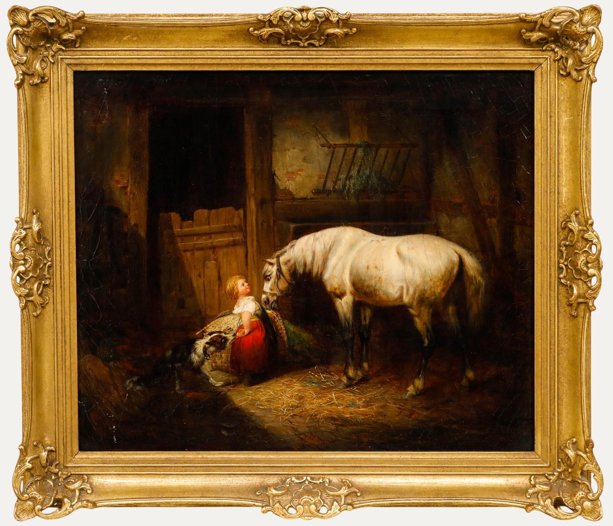 Unknown Figurative Painting - Gustav Schmidt - German Mid 19th Century Oil, Idyll in the Stable