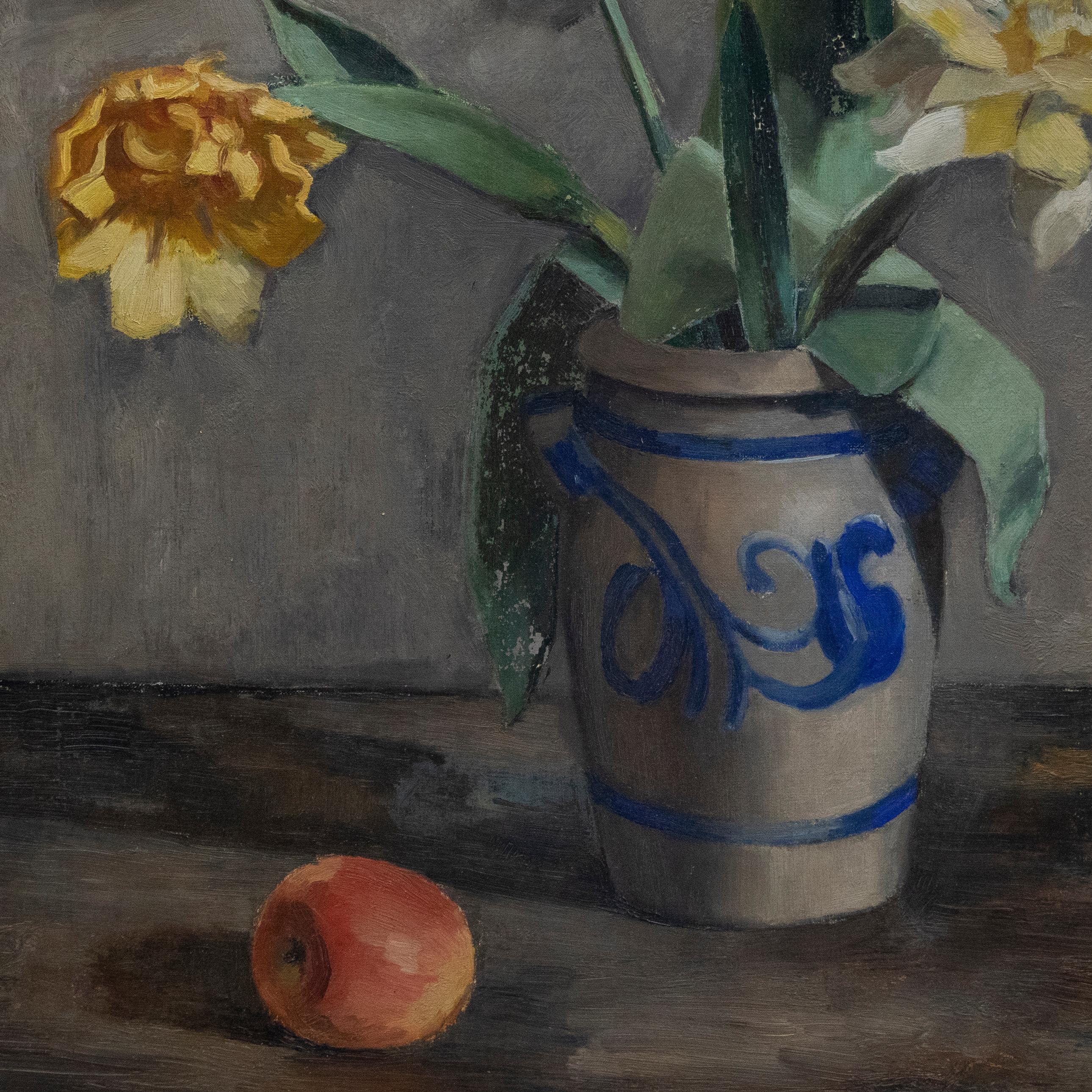 A charming Swedish School oil study depicting a handful of spring flowers carefully placed in a porcelain vase. An apple sits to the lower left of the composition for scale. Signed to the lower right. Presented in a rustic gilt frame. On canvas.