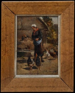 Gustave Albert Catoire (1845-1880) - Framed Oil, Feeding the Chickens