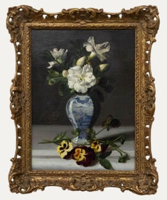 Gustave Mattele - Belgium School 19th Century Oil, Still Life of White Camellias