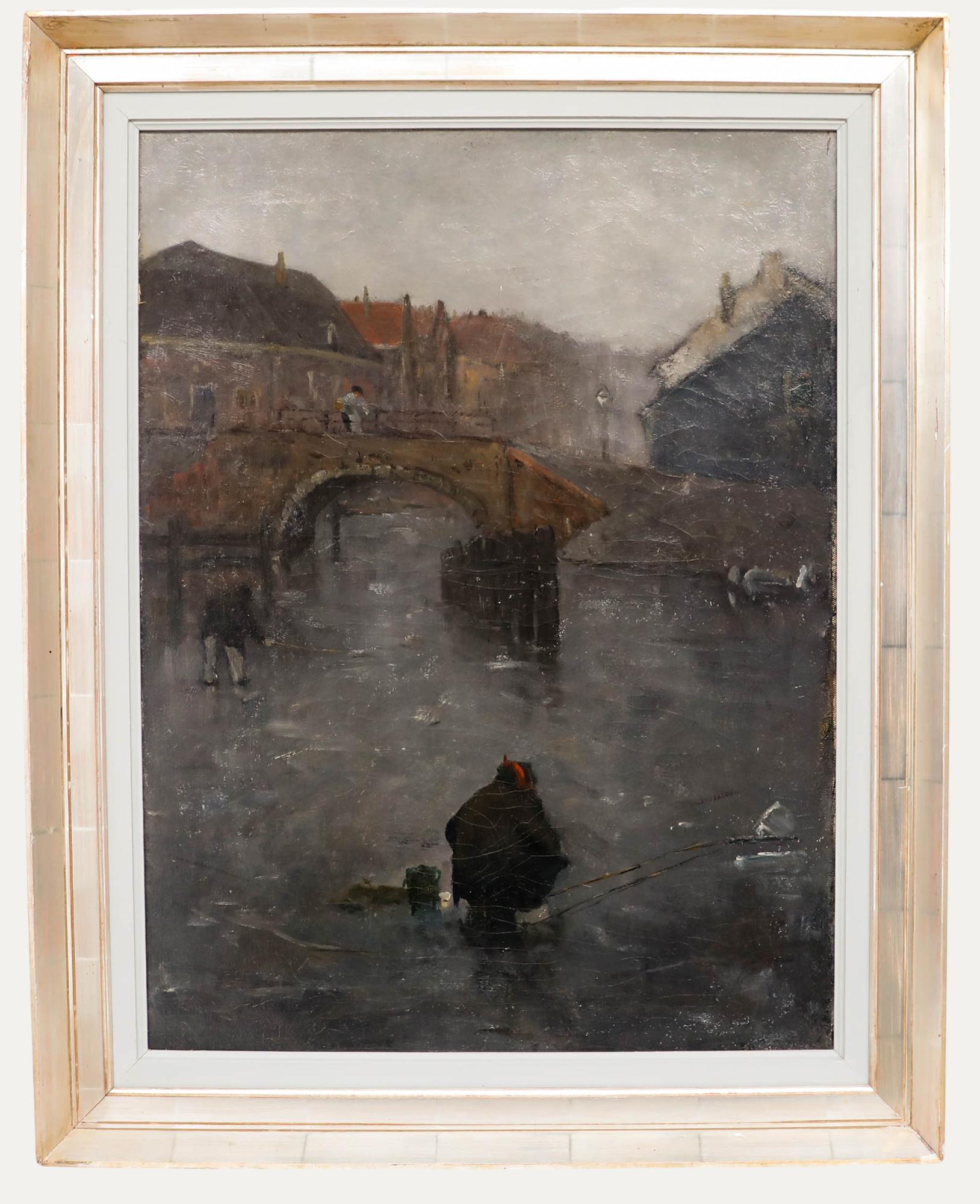 Landscape Painting di Unknown - Gustave René Pierre (1875-1939) - Olio del XX secolo, Un pescatore a Bruges