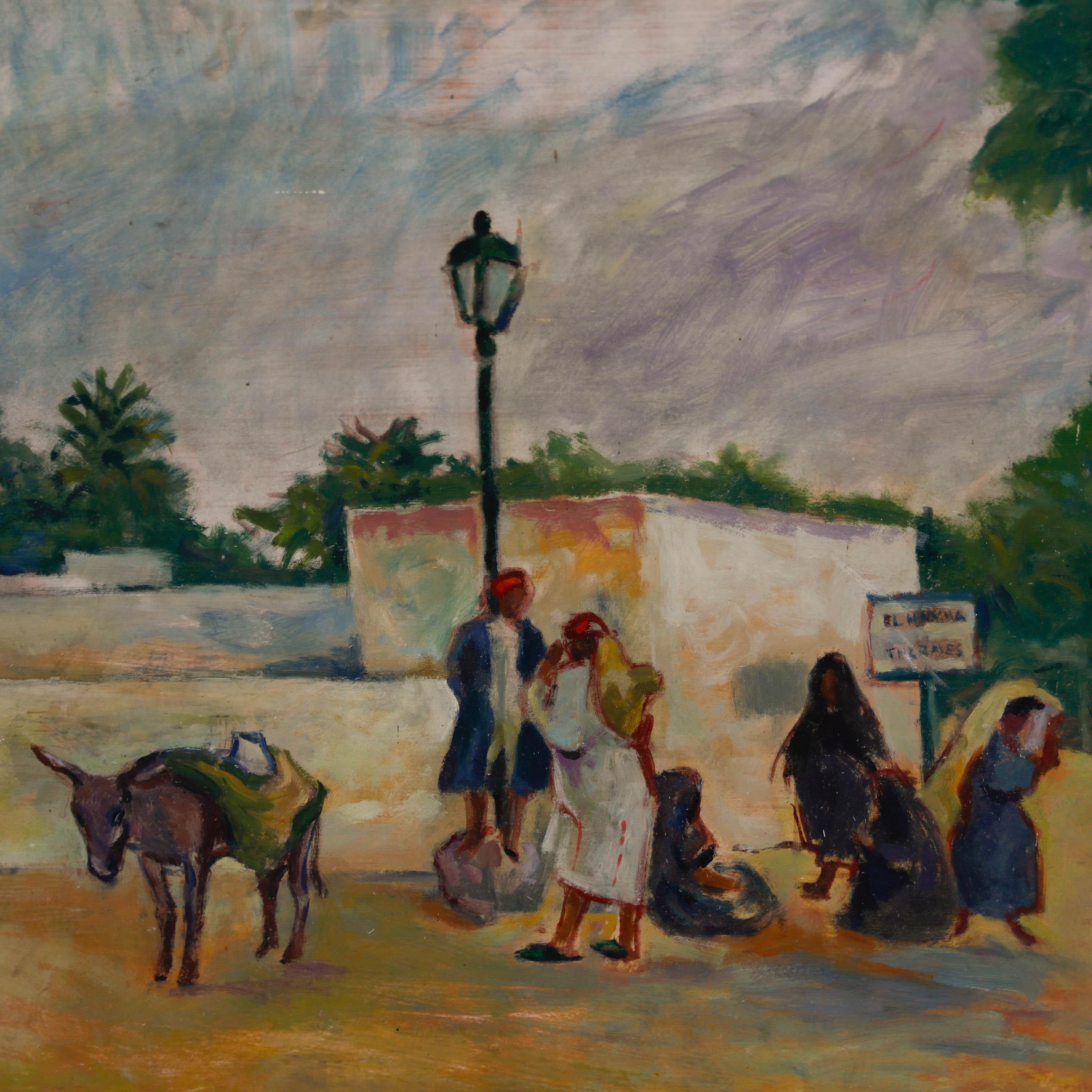 A charming scene depicting figures and a donkey waiting near a bus stop. Signed to the lower right. On board.