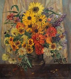 Gwen Whicker (1900-1966) - Óleo enmarcado de mediados del siglo XX, Flores de finales de verano