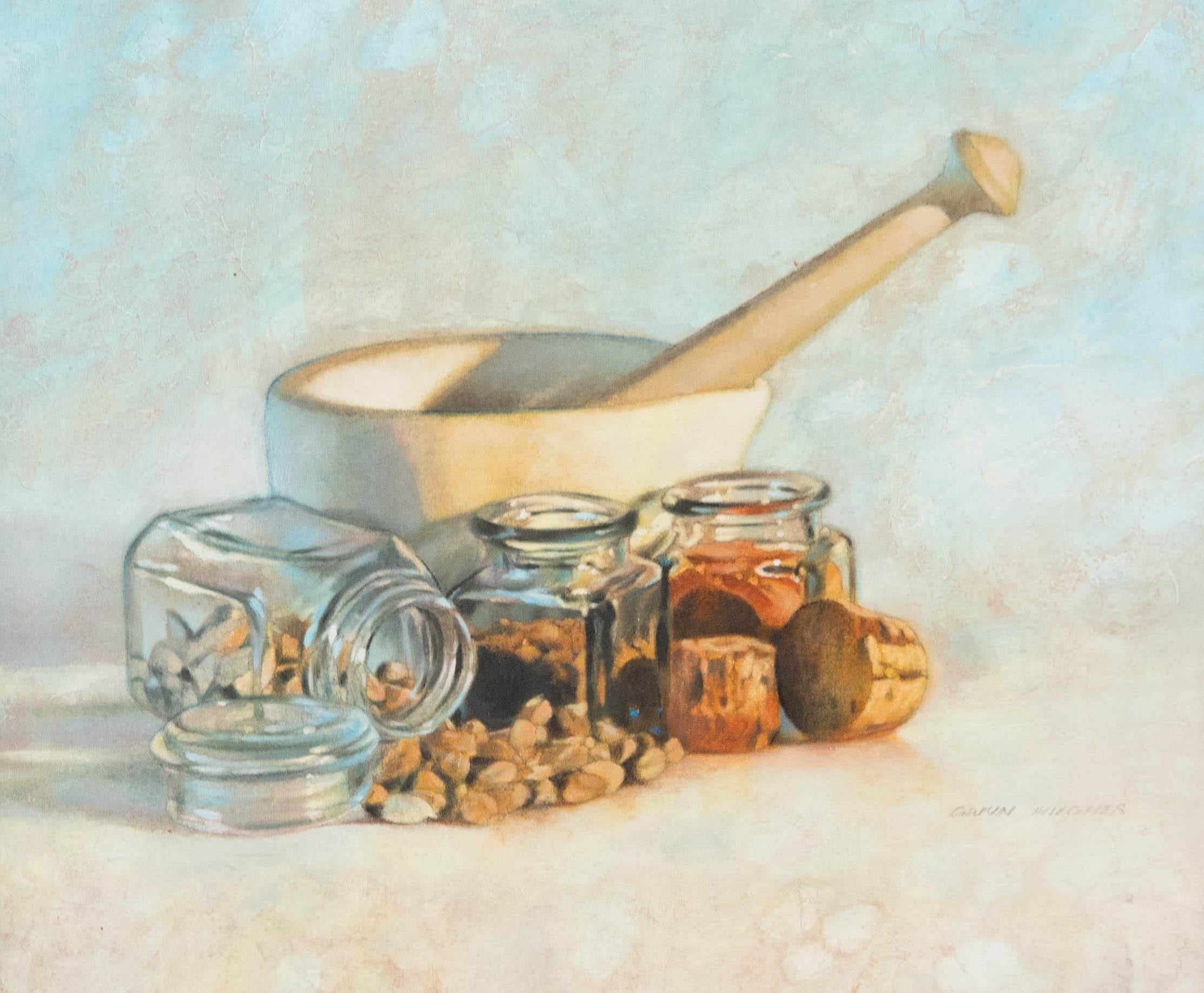 Gwyn Hughes  - 20th Century Oil, A Mortar and Pestle - Painting by Unknown