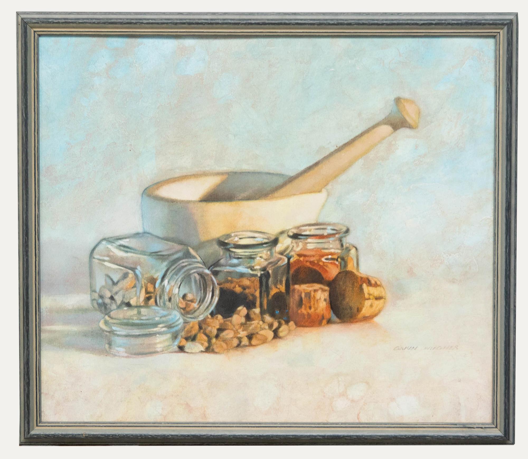 Unknown Still-Life Painting - Gwyn Hughes  - 20th Century Oil, A Mortar and Pestle