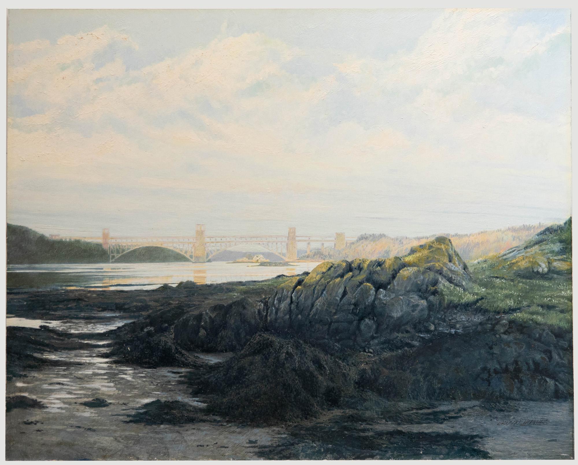 Unknown Landscape Painting – Gwyn Hughes (geb. 1953) – Ölgemälde, Britannia Bridge, 20. Jahrhundert