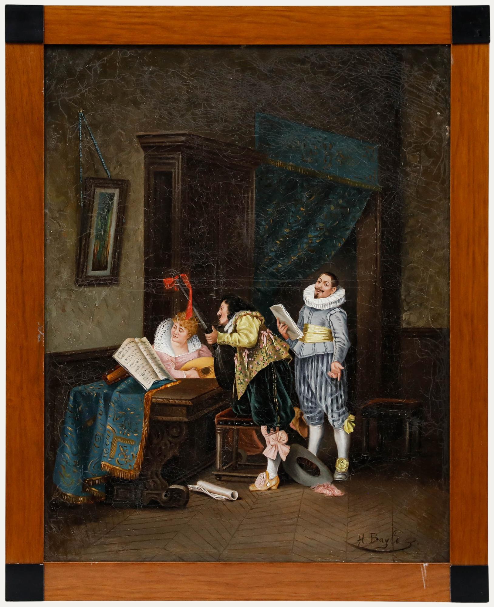 Unknown Figurative Painting - H. Bayle - Framed Late 19th Century Oil, Music Practice