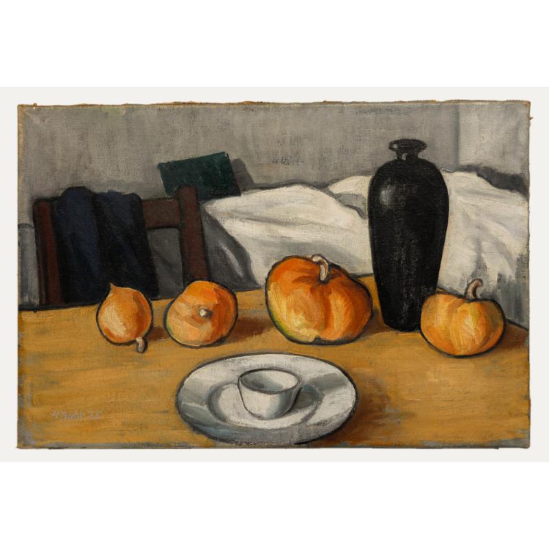 Unknown Still-Life Painting - H. Buhr - 1935 Oil, Gourds and Ceramics