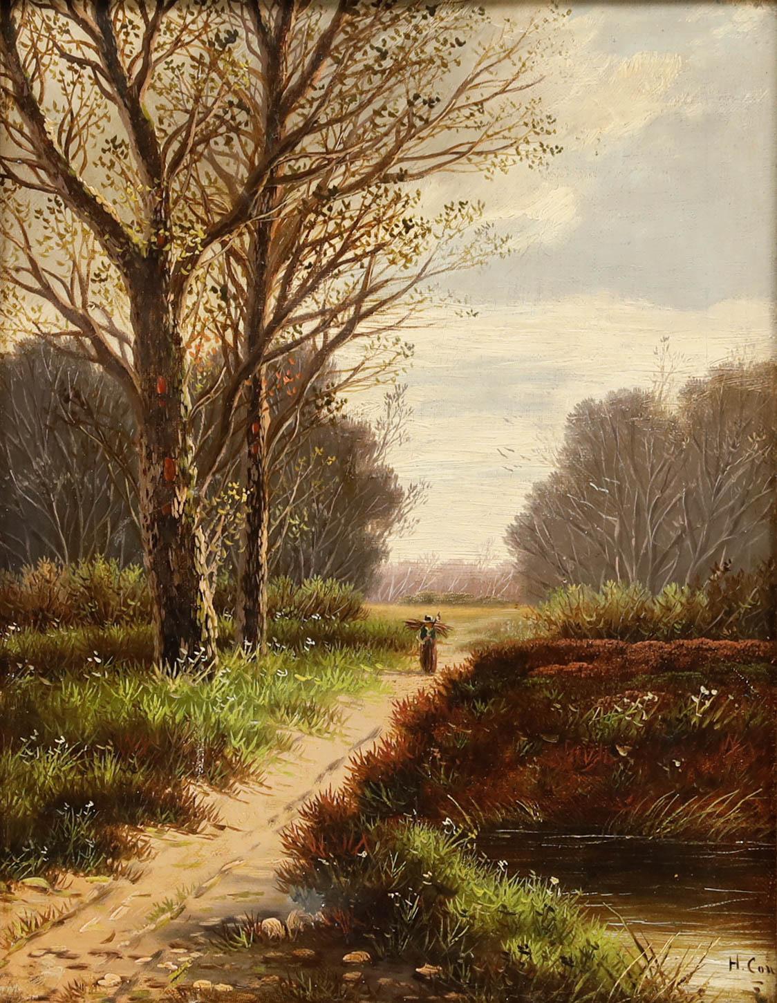 H. COX - Olio dei primi del Novecento incorniciato, Raccolta di legna da ardere - Painting di Unknown