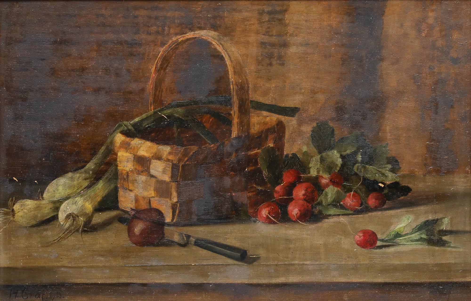 H. Graf - Framed 1916 Oil, Still Life with a Basket and Vegetables - Painting by Unknown