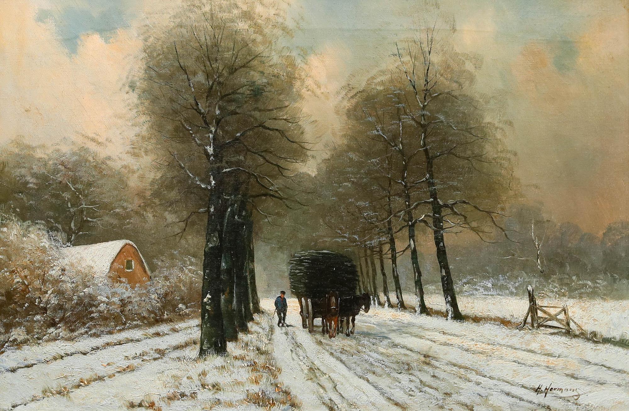 H. Hermans - Early 20th Century Oil, Working on a Winter's Day - Painting by Unknown