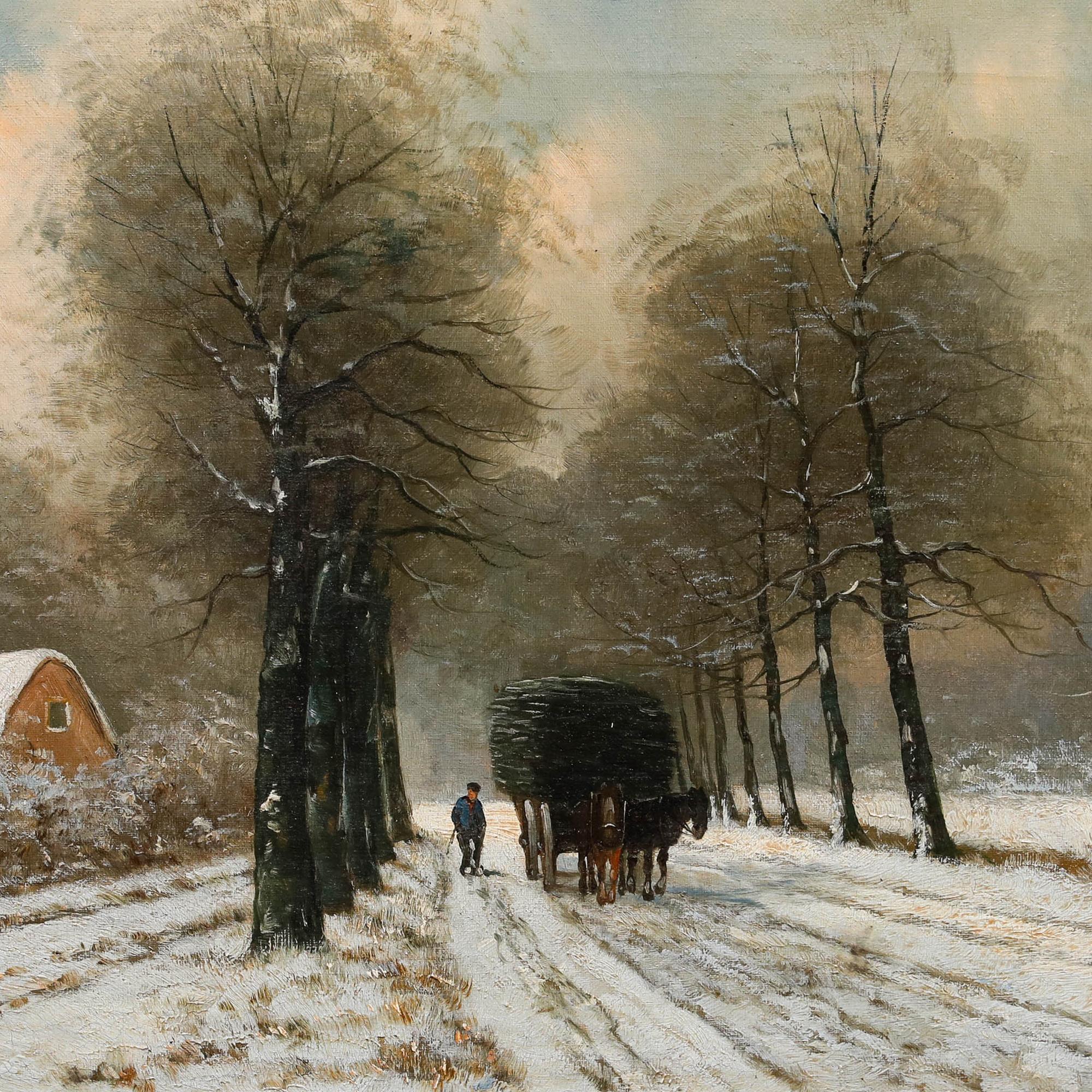 A charming early 20th century oil by the artist H. Hermans. This atmospheric winter landscape depicts a snow-covered rural road lined with bare trees. A small figure and a horse-drawn cart traverse the path beneath a moody, overcast sky. Signed to