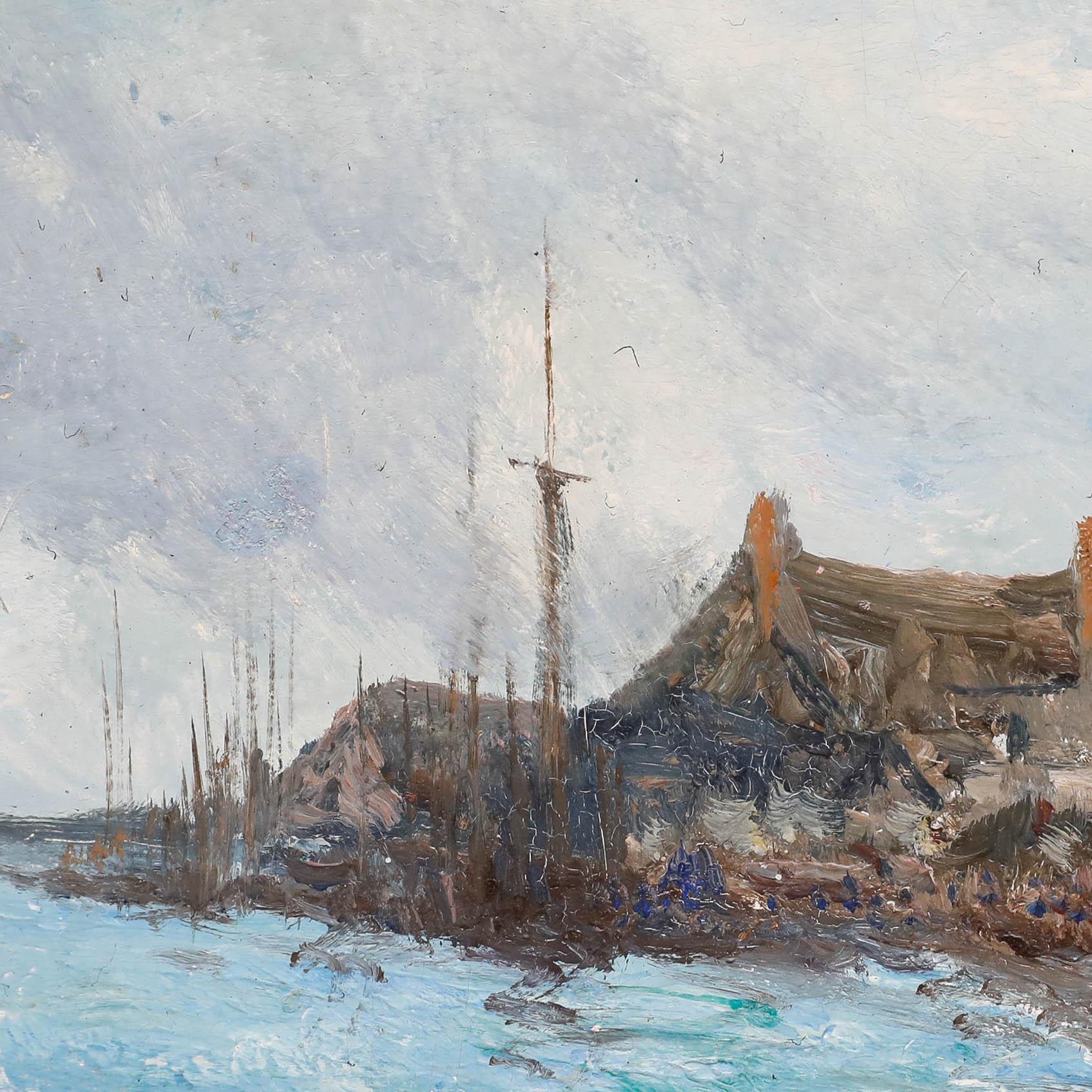 Diese impressionistische Küstenszene fängt das stimmungsvolle Zusammenspiel von Meer und Himmel ein, an dessen Rand sich eine Küstenstadt befindet. Die Komposition lenkt den Blick gekonnt von den brütenden Wolken und dem aufgewühlten Wasser im