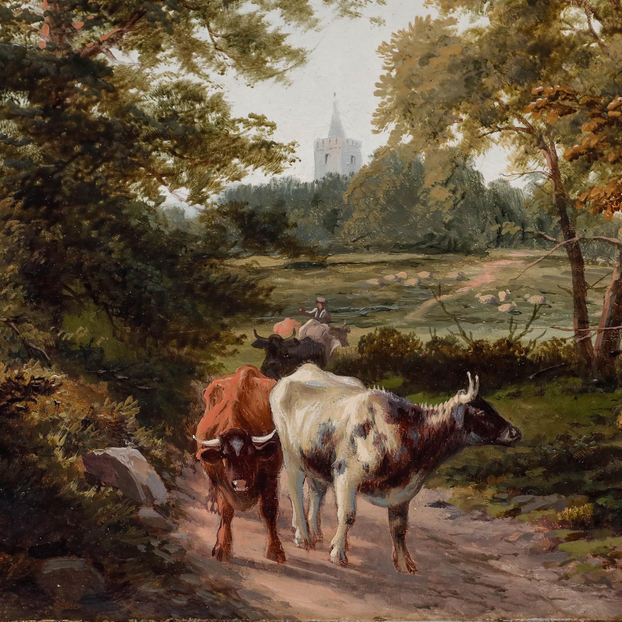 This accomplished landscape painting captures a serene countryside scene, with a farmer walking his long-horned cattle along a quiet country track. The composition is framed by lush trees in the foreground, drawing the eye towards a distant church