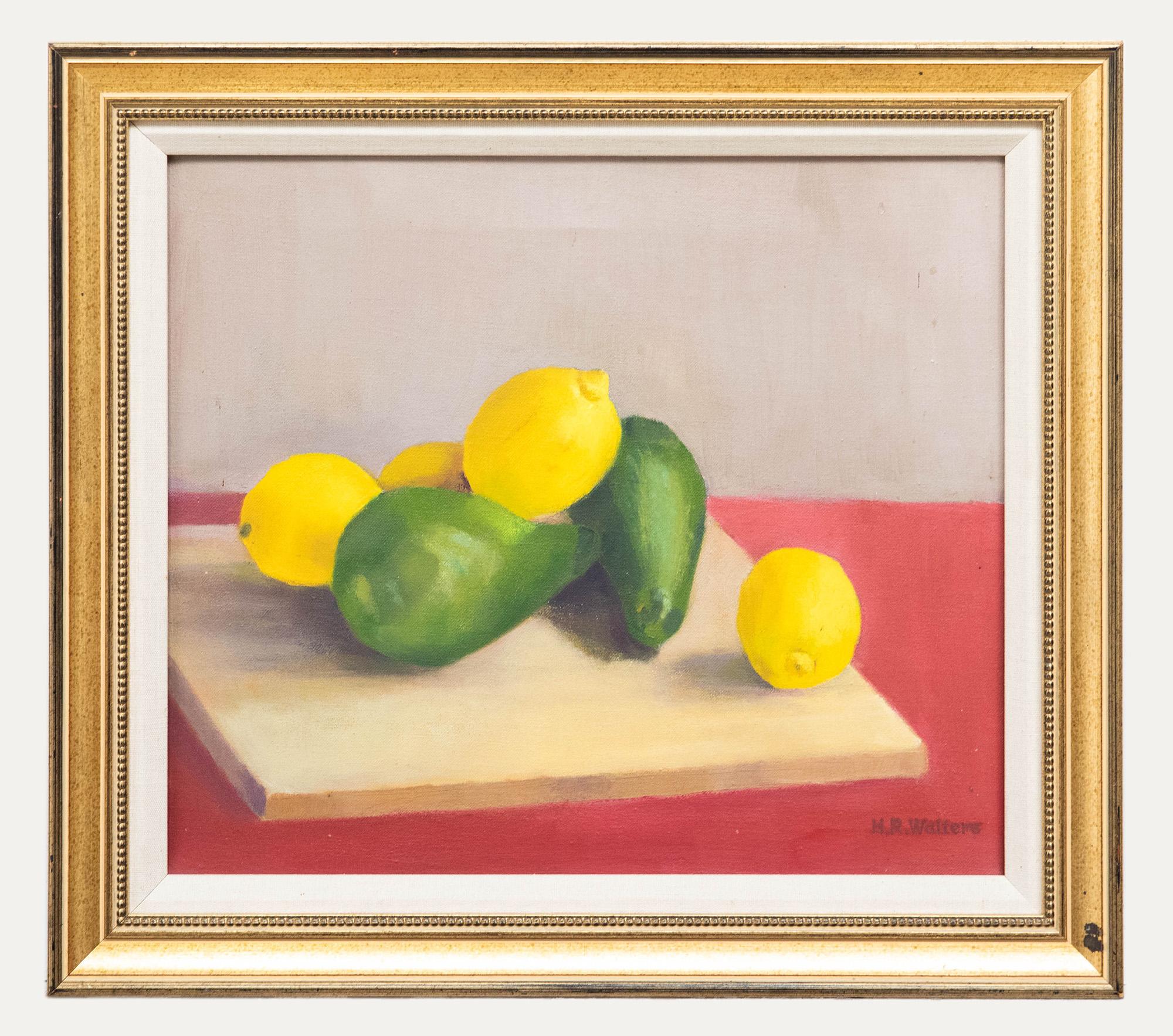Still-Life Painting Unknown - H. R. Walters - Huile encadrée du milieu du 20e siècle, Lemons & Pears