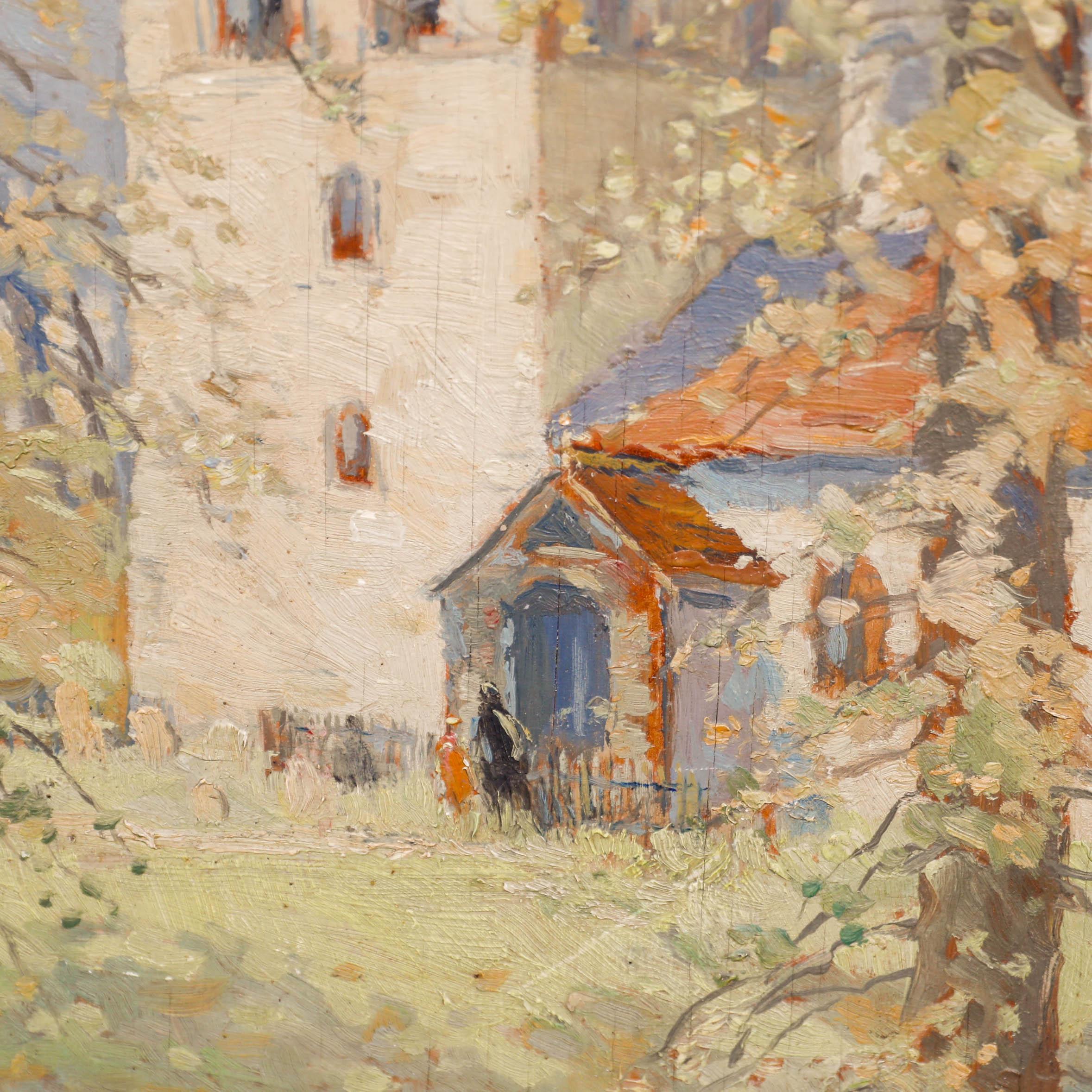 Impressionistische Studie der Fingest Church. Präsentiert in einem Rahmen mit Goldeffekt. Signiert und datiert (1943) unten rechts. Auf der Rückseite ist ein Label angebracht. An Bord.