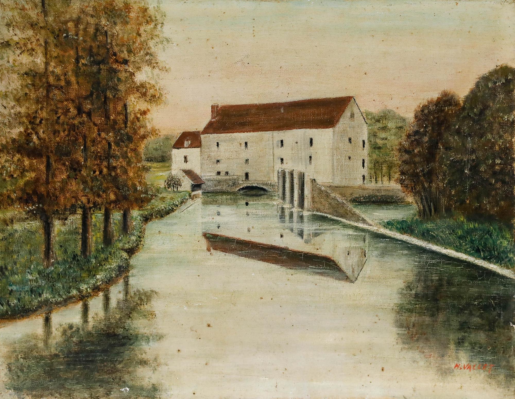 H. Vallet - Naive Early 20th Century Oil, Old Conde Mill - Painting by Unknown