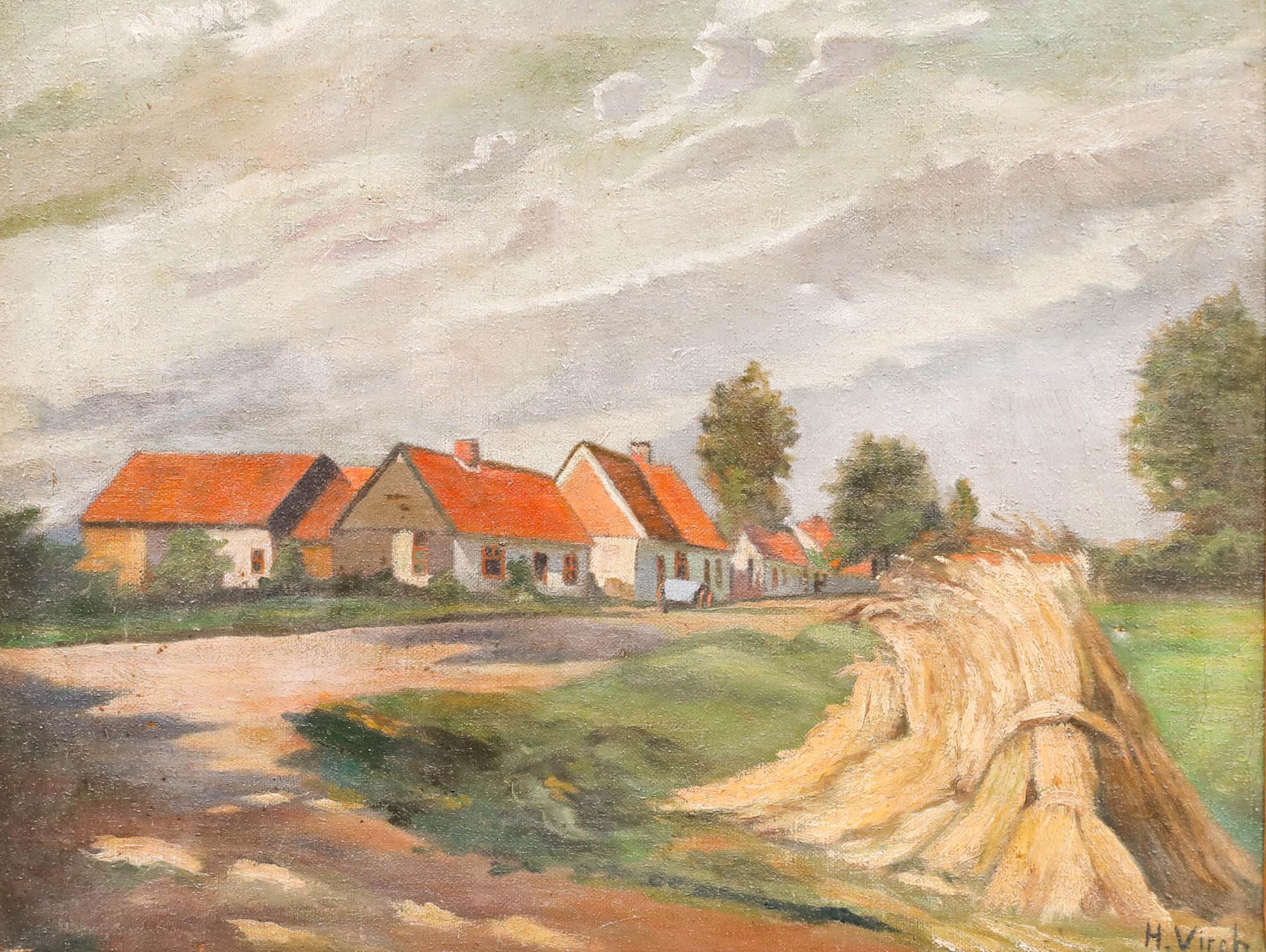 H. Virch - Olio dei primi del Novecento incorniciato, Raccolta del fieno - Painting di Unknown